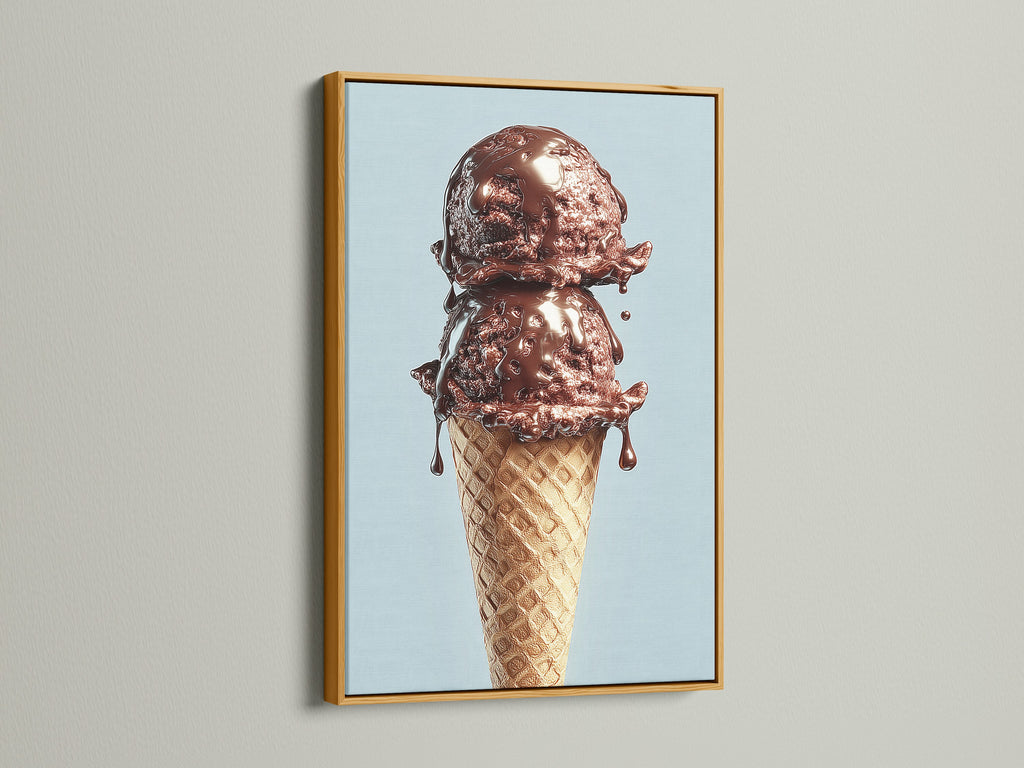 A gold frame accentuates a chocolate ice cream cone artwork. The artwork is displayed on a white wall. The gold frame brings a touch of luxury and elegance. This frame enhances the artwork's appeal. Elevate your home decor with this stunning piece.