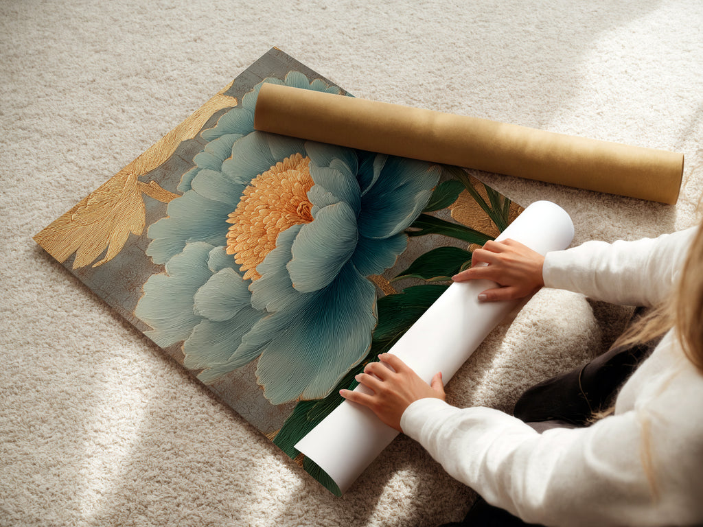 A woman is carefully rolling a fine art poster paper. She is ensuring it remains pristine. This highlights the care in handling art. The poster paper is high-quality. It is ideal for professional displays. A delicate process for art preservation.