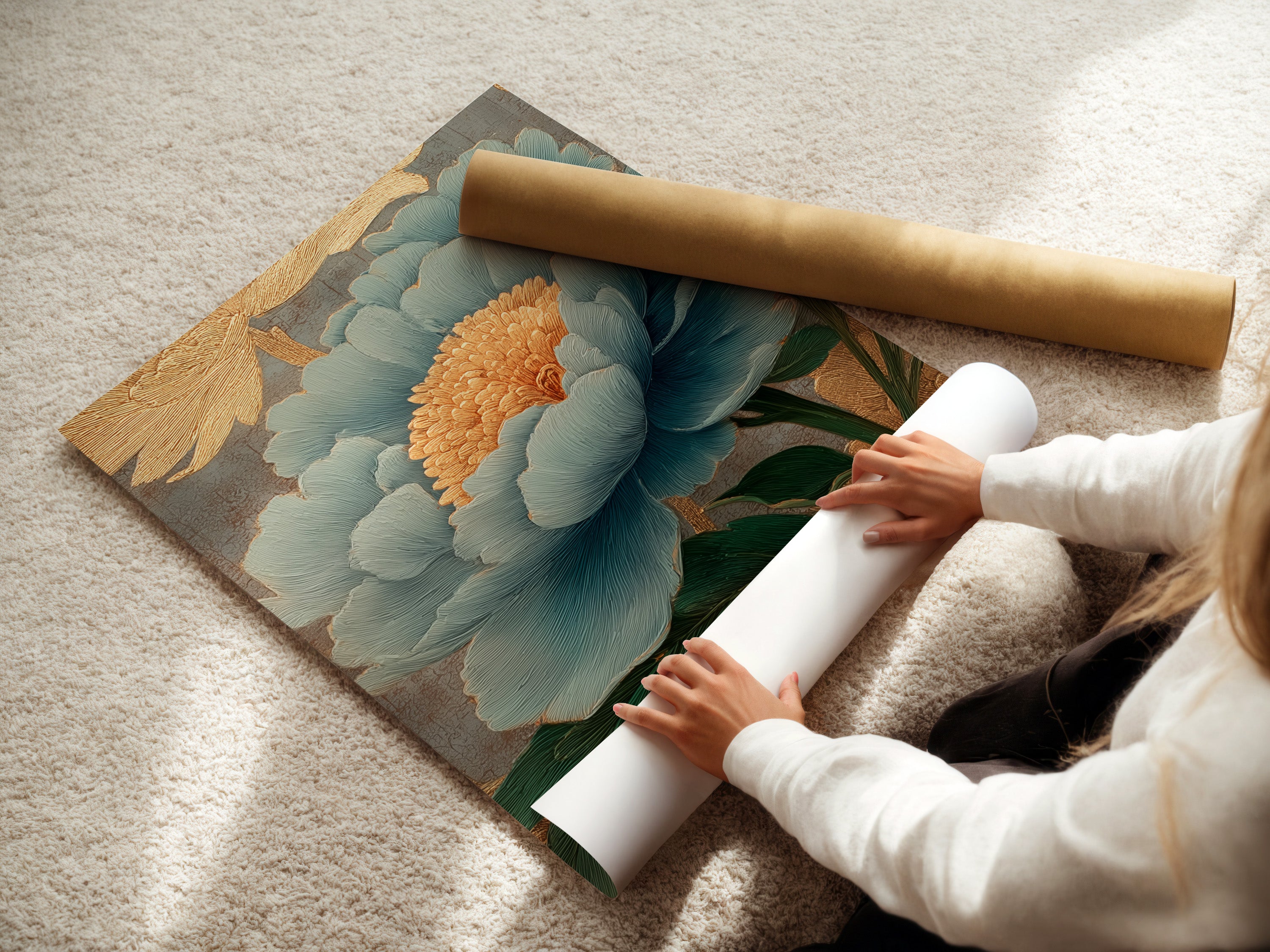 A woman is carefully rolling a fine art poster paper. She is ensuring it remains pristine. This highlights the care in handling art. The poster paper is high-quality. It is ideal for professional displays. A delicate process for art preservation.