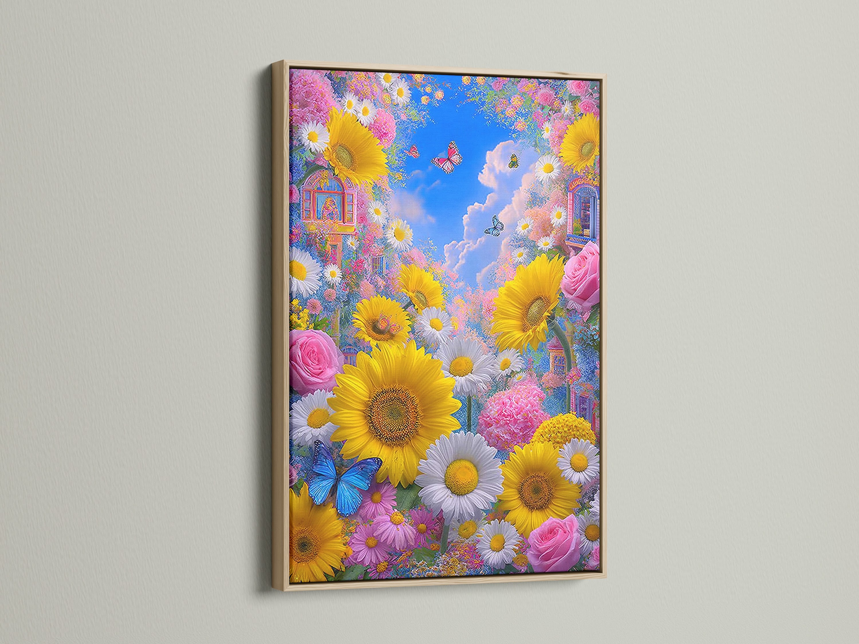 Sunflower Garden canvas print with an oak frame. Butterfly floral wall art adds a colorful botanical touch to your space. Bring summer flowers art into your home. The artwork enhances bohemian farmhouse or eclectic styles. Great for bedroom wall decor.
