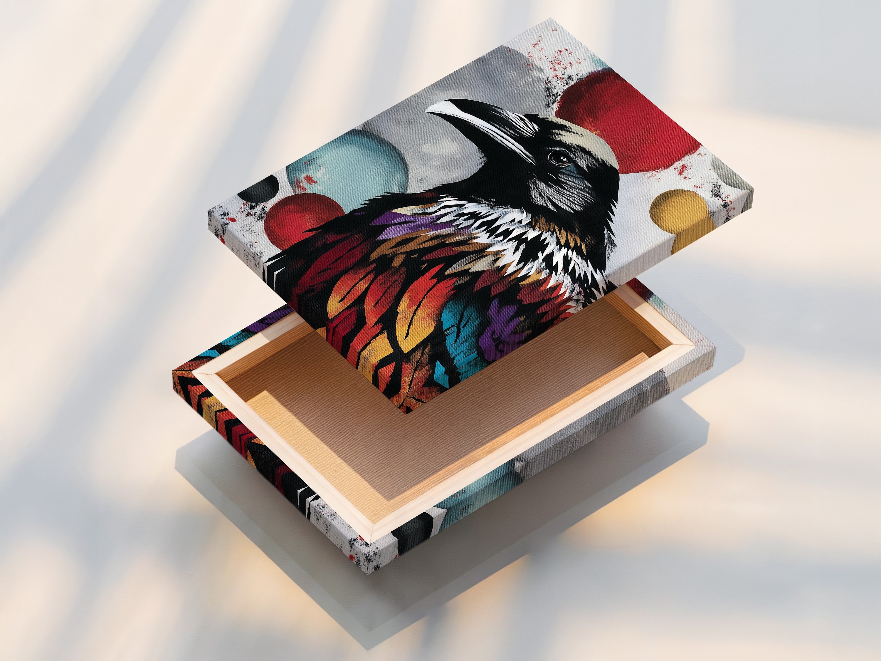 This is a stretched canvas print of the colorful raven art. The gothic bird wall art is ready to hang. This modern artwork will transform any space. It is a striking focal point for your home or office.