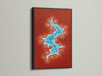 Abstract River artwork with a terracotta and blue color palette. The artwork is displayed in a black frame. This modern botanical artwork adds a touch of nature and sophistication to any space. Great for entryway art.