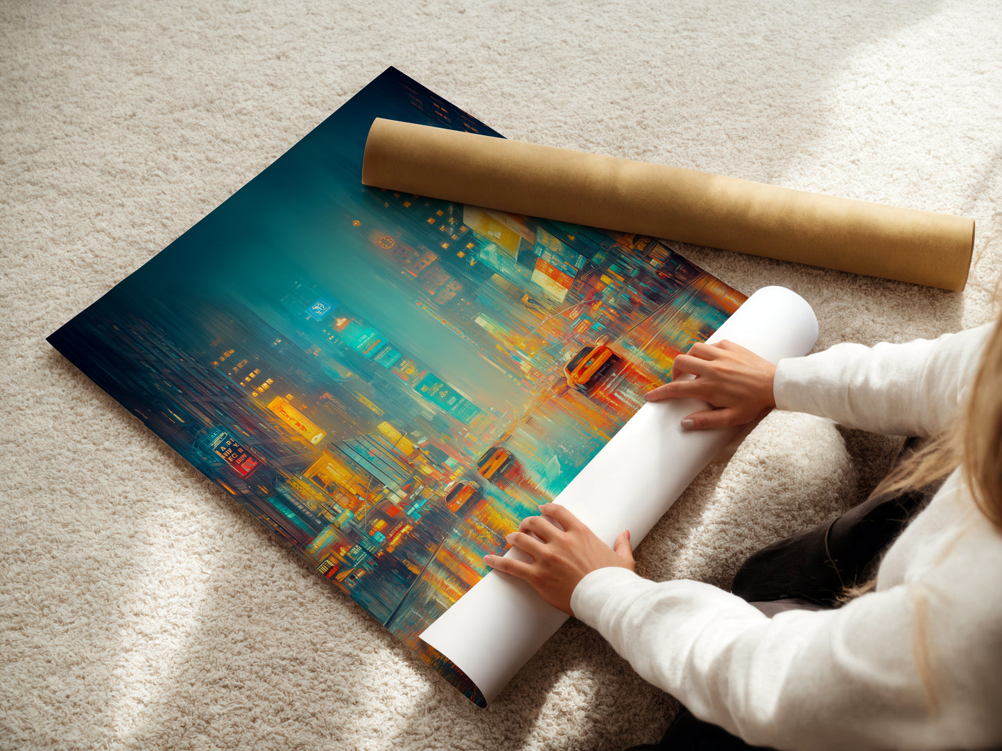 A woman is carefully rolling a fine art poster paper print of the Rainy Night Cityscape. Our fine art posters ensure high-quality reproduction. Perfect for those seeking a modern artwork look. Add urban canvas art to their space.