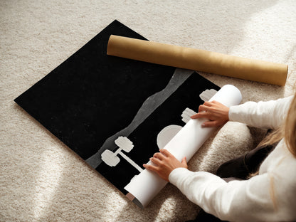 A woman rolls fine art poster paper. This paper is ideal for modern gym weights artwork. It is also perfect for fitness wall art prints. High-quality paper ensures vibrant colors. It ensures lasting gym decor. Create stunning pieces with this premium material.