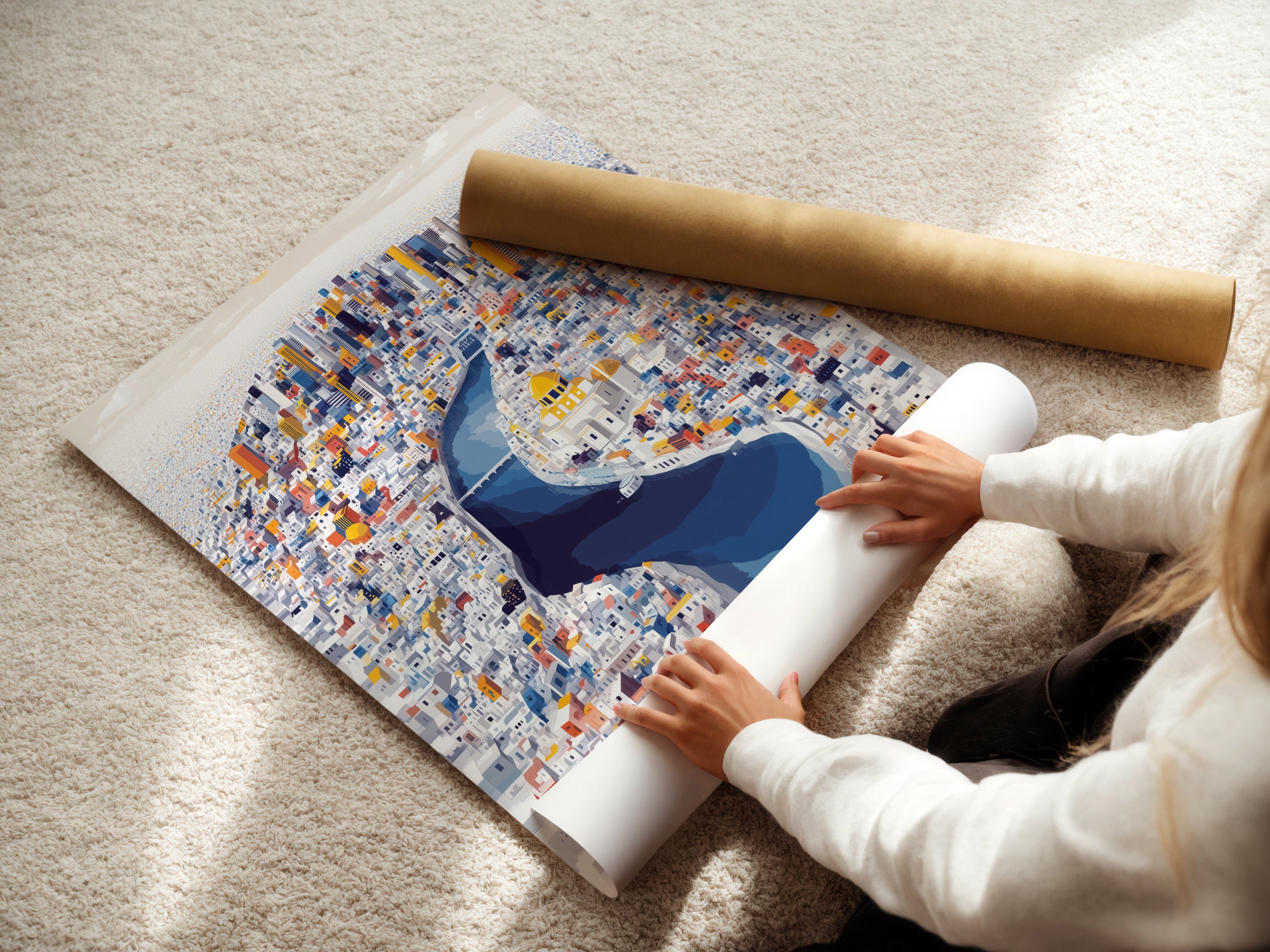 A woman is carefully rolling a fine art poster paper. The paper displays a vibrant cityscape artwork. This high-quality print is perfect for modern wall art collections. Ideal for homeowners renters and interior enthusiasts. Bring urban flair to your space with this architectural print.