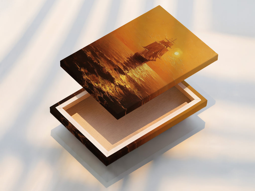 A stretched canvas print displays beautiful seascape artwork. The artwork features a ship sailing into a sunset. The stretched canvas offers a ready-to-hang piece. The artwork is creating a seamless and polished look. The canvas enhances the artwork's texture and depth.