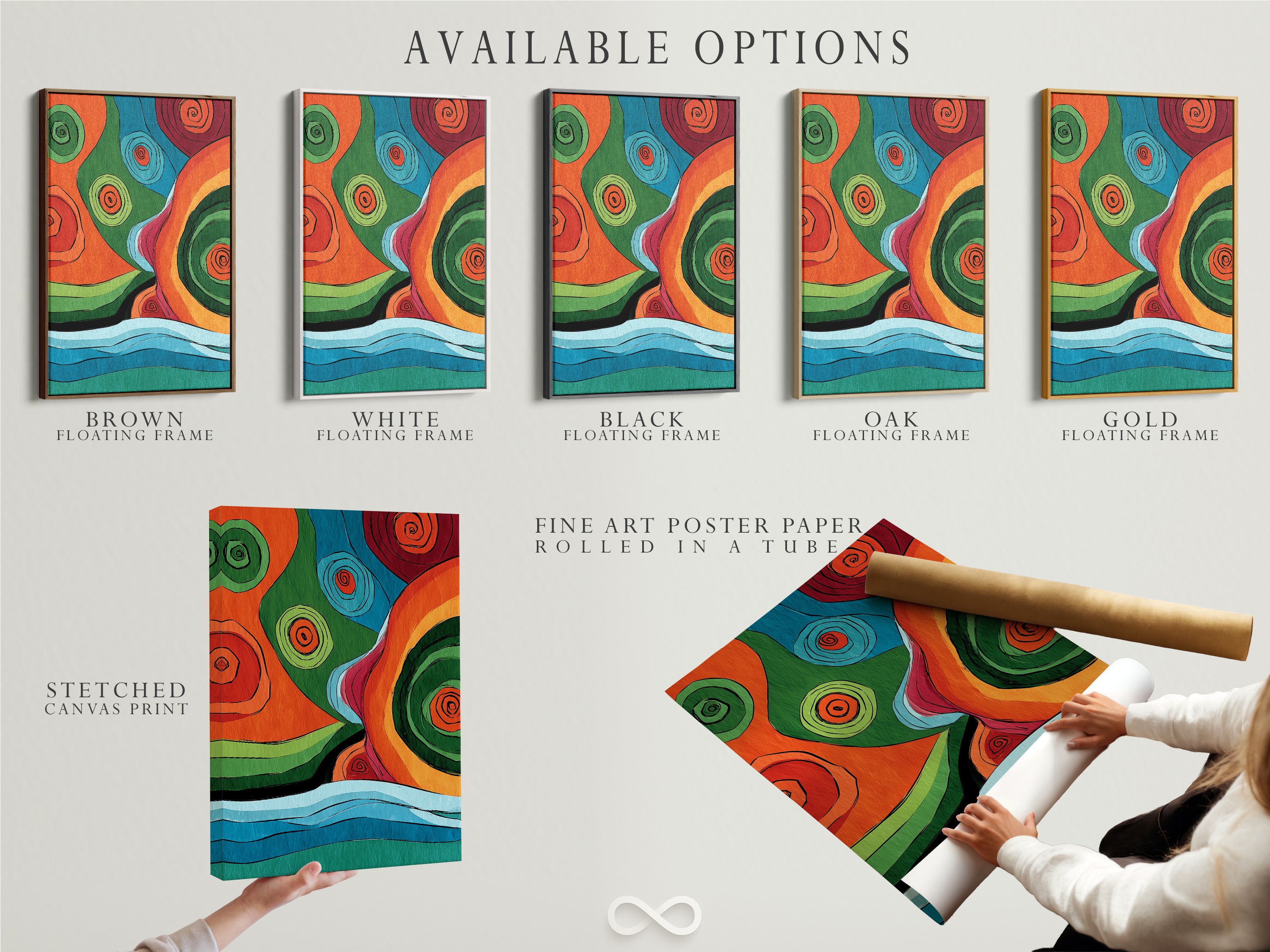 Available options for artwork are showcased which include a stretched canvas print fine art poster paper and a floating frame. Choose the perfect format to suit your style. Each option enhances the artwork in its own way. Explore the possibilities and elevate your space with custom artwork.