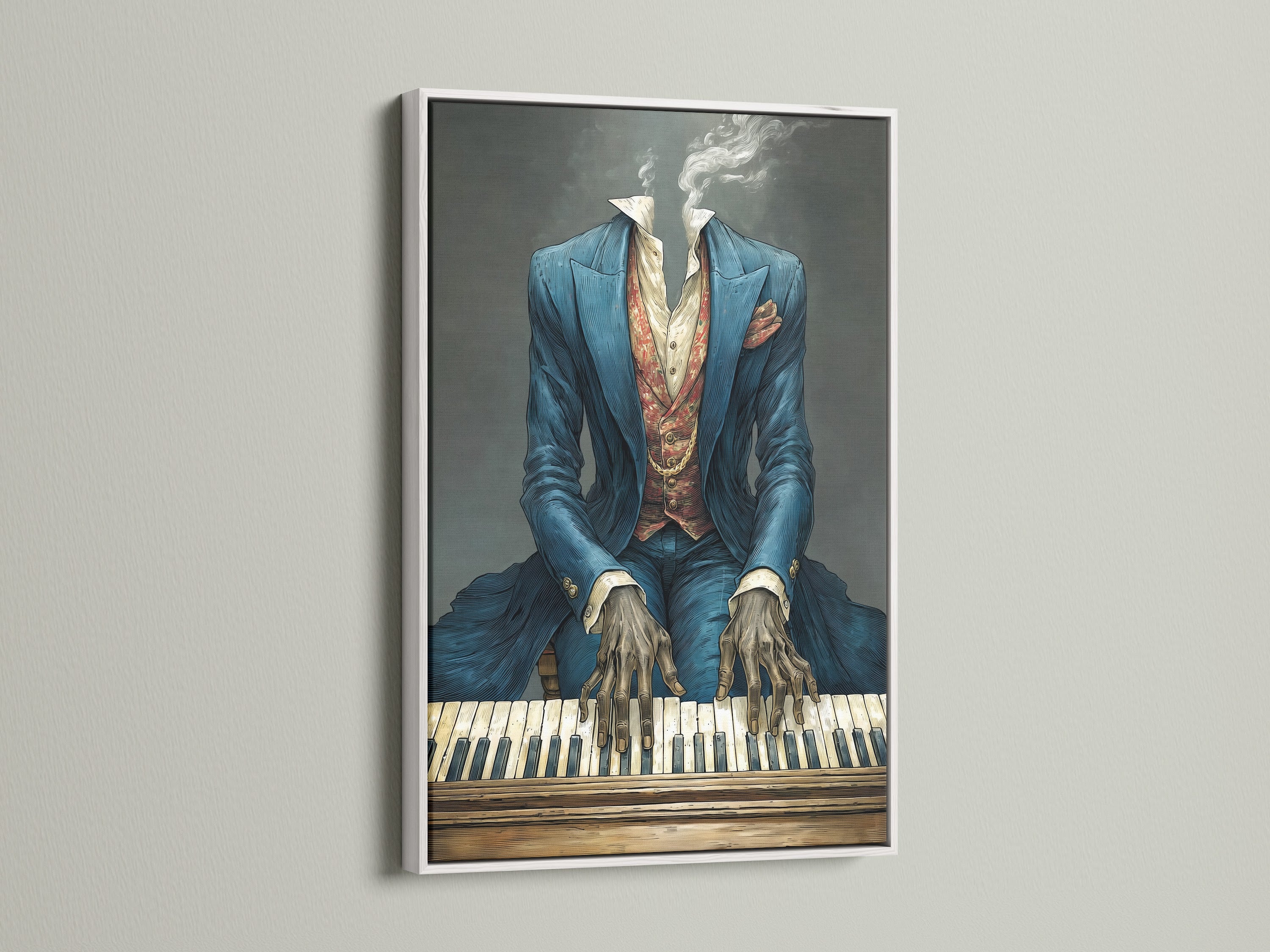 Vintage Piano Player Art in a white frame. The surreal music wall art adds an elevated touch. The Blue Suit Pianist art is great for man caves offices studios bars and cafes.