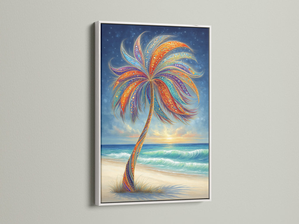 Tropical Palm Tree artwork in a white frame. The white frame makes the colors pop. This colorful ocean artwork adds a fresh touch to any space. Ideal for creating a serene coastal atmosphere. It's vibrant wall art.