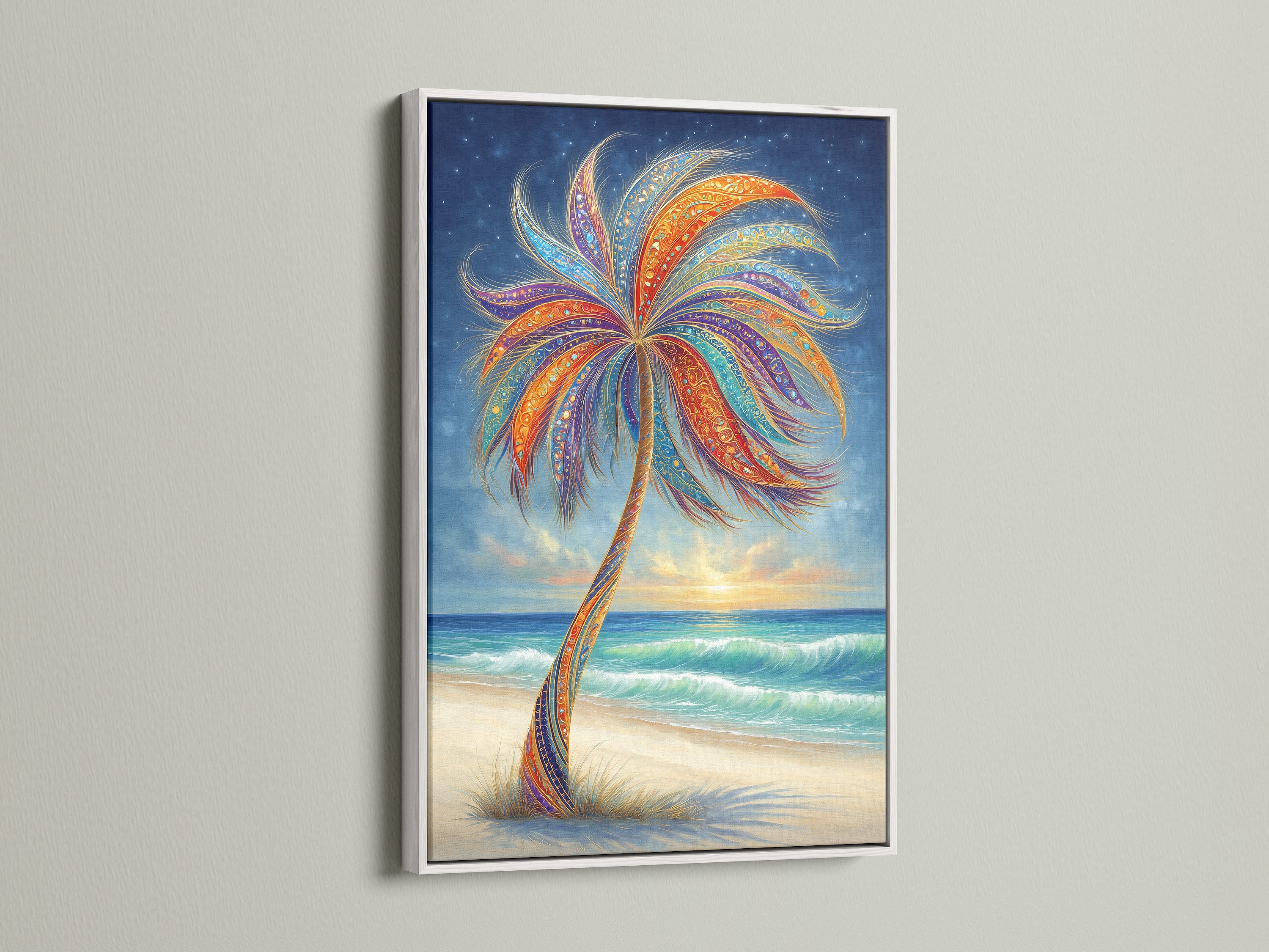Tropical Palm Tree artwork in a white frame. The white frame makes the colors pop. This colorful ocean artwork adds a fresh touch to any space. Ideal for creating a serene coastal atmosphere. It's vibrant wall art.