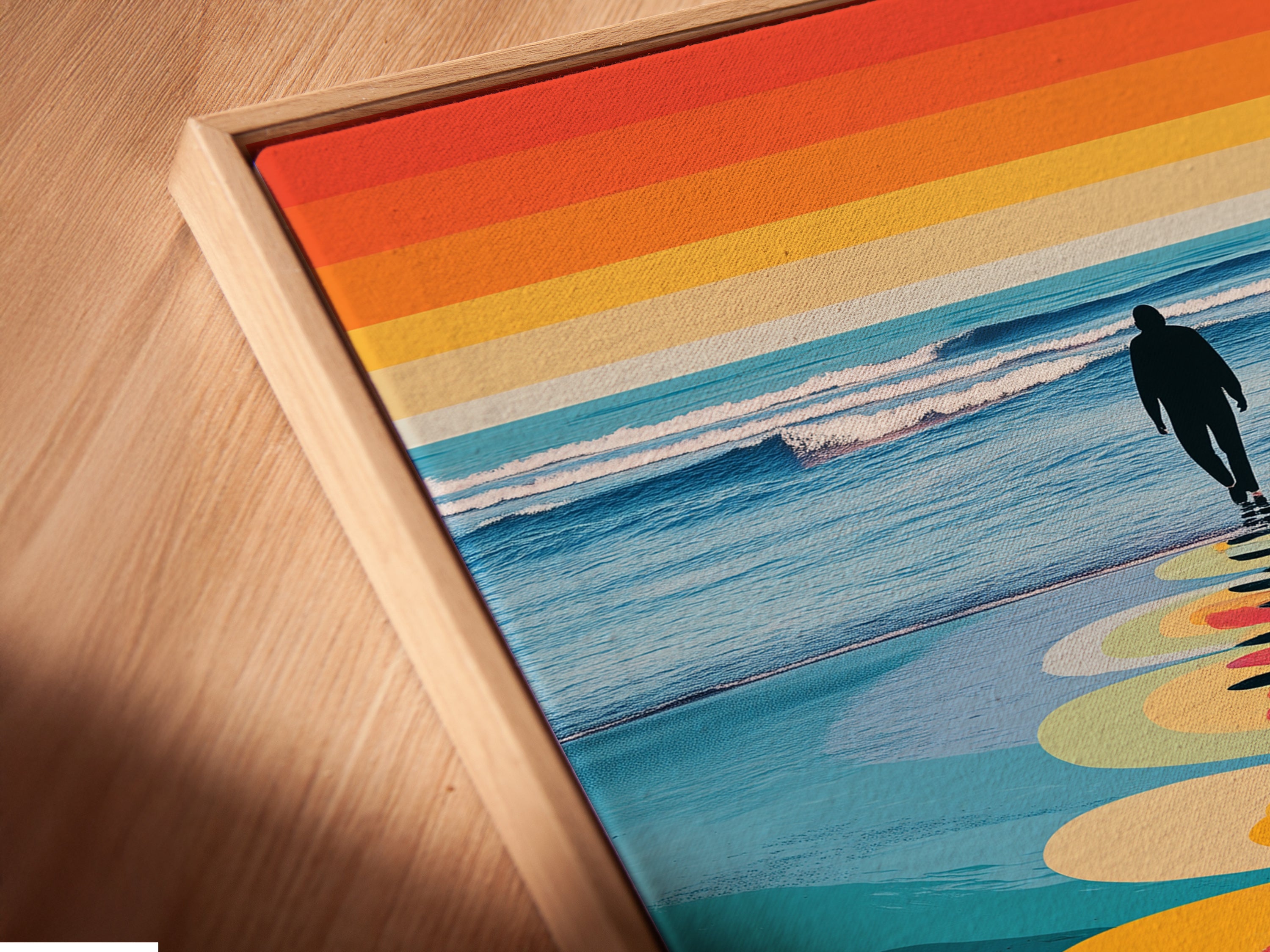 Close-up angled view of a canvas print in a floating frame. The retro striped seascape wall art brings a coastal feel to your space. The floating frame enhances the modern art print. This is perfect for living room wall art or office wall art. Enjoy this beach scene print.