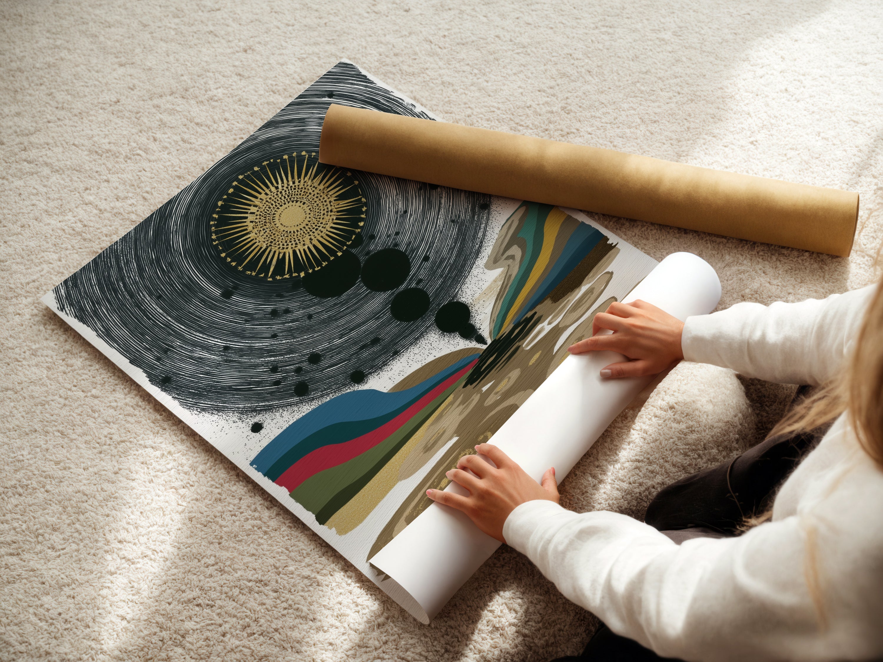 A woman carefully rolls a fine art poster paper. This high-quality paper ensures vibrant colors for the abstract sun art. The poster paper is a versatile option for celestial wall art. Bring cosmic elegance to your living space with our fine art posters.