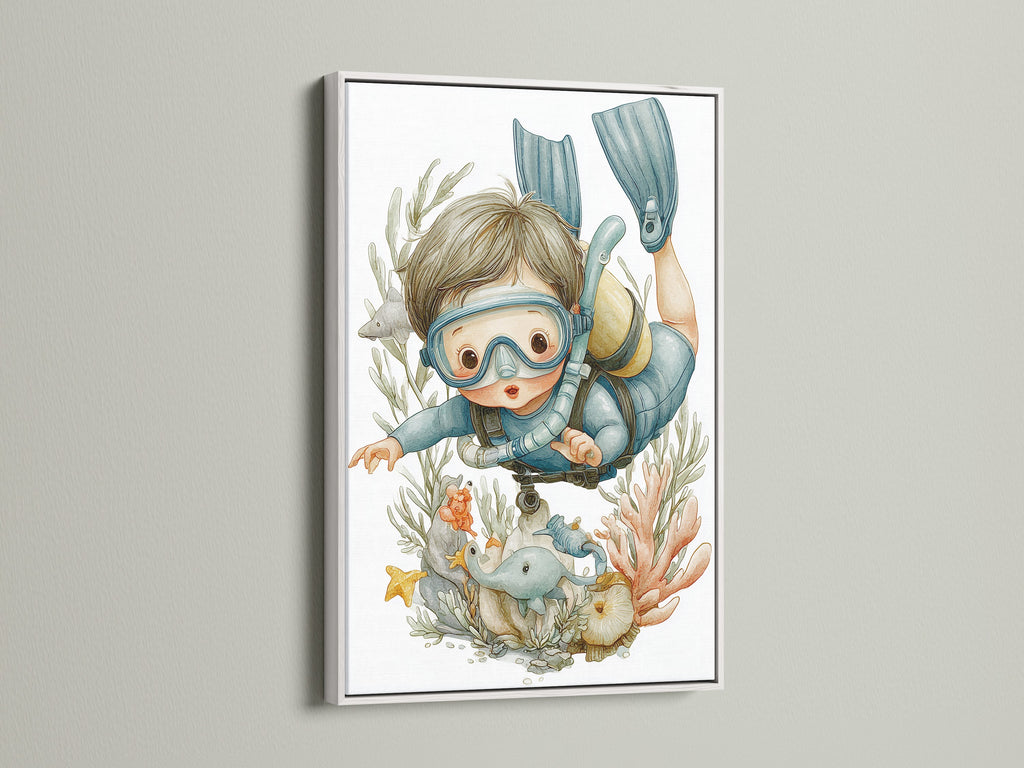 This delightful scuba diving kids art print is presented in a white frame. The underwater nursery theme brings a serene ocean vibe to your child's space. This sea adventure print captures the imagination. It is perfect for creating a calming environment.