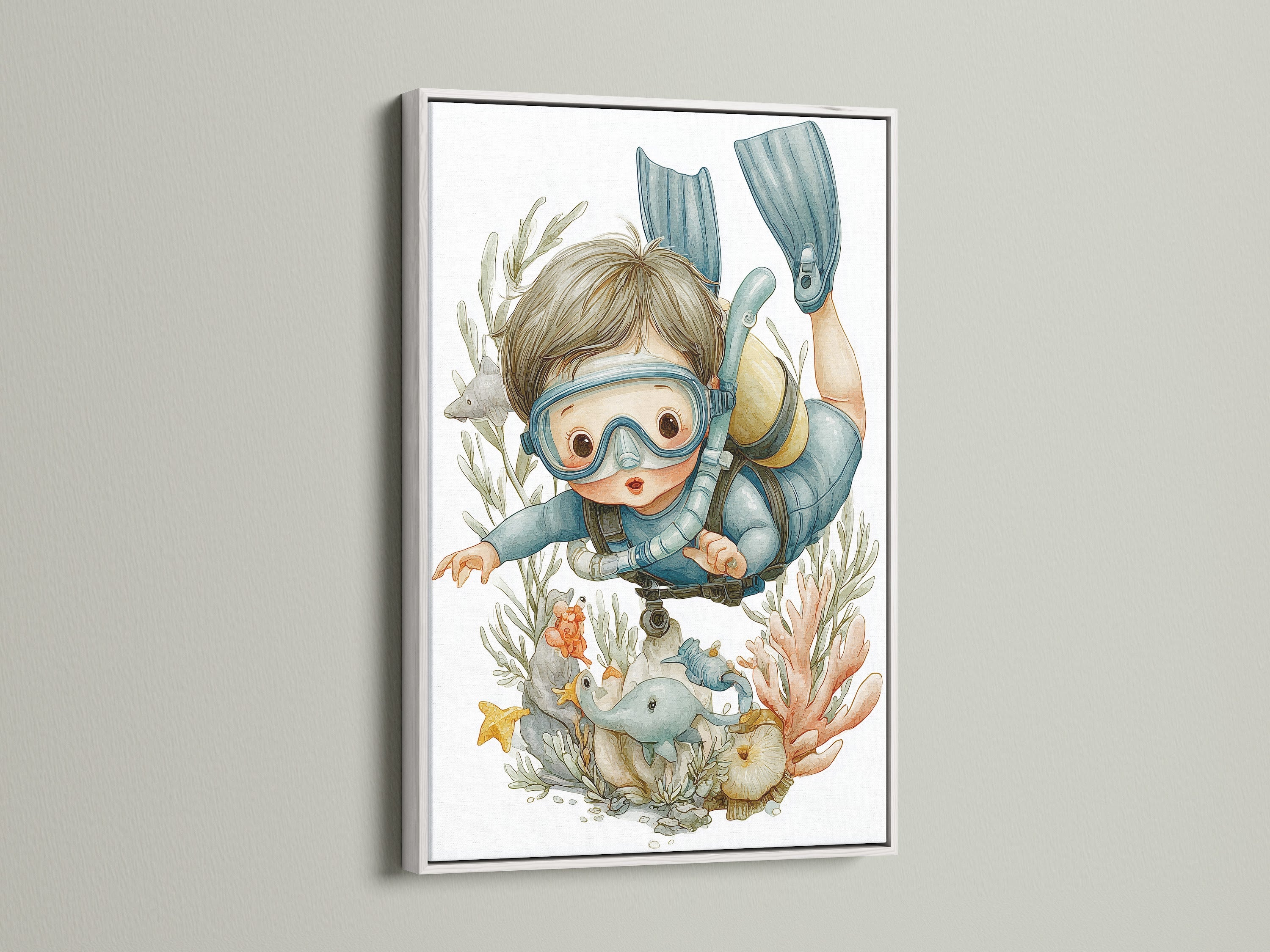 This delightful scuba diving kids art print is presented in a white frame. The underwater nursery theme brings a serene ocean vibe to your child's space. This sea adventure print captures the imagination. It is perfect for creating a calming environment.