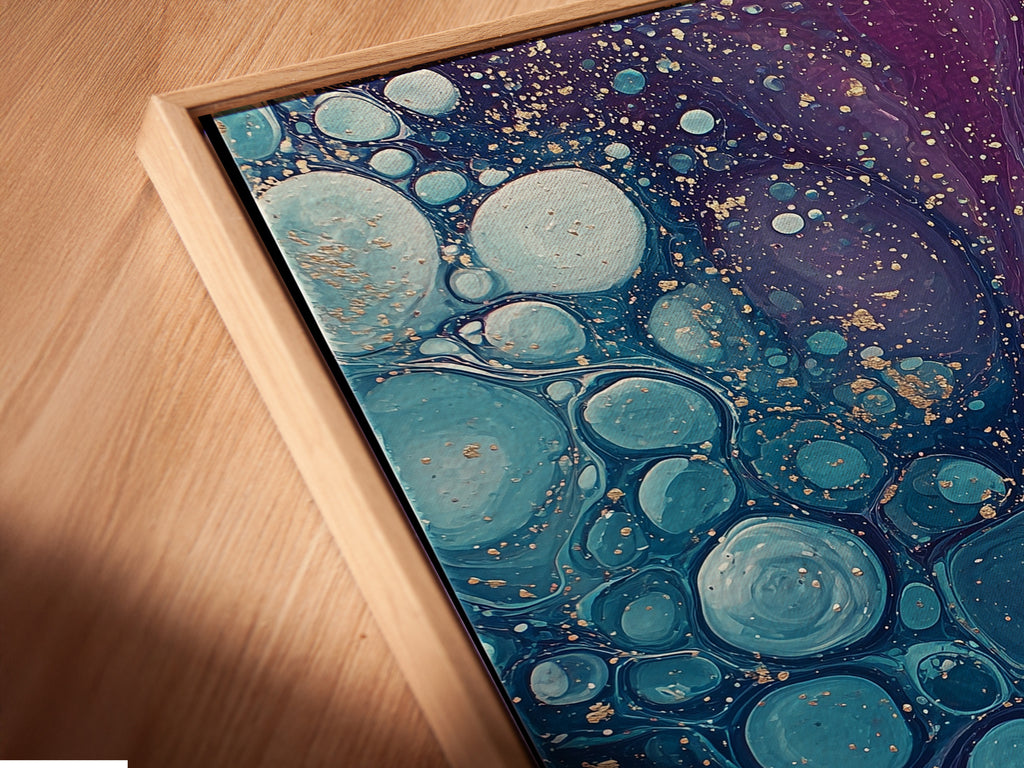 A close-up of a canvas print in a floating frame. The abstract fluid art features purple and teal hues. This modern bubble artwork is perfect for adding a contemporary touch. The floating frame enhances the artwork's depth. It creates a stunning visual impact.