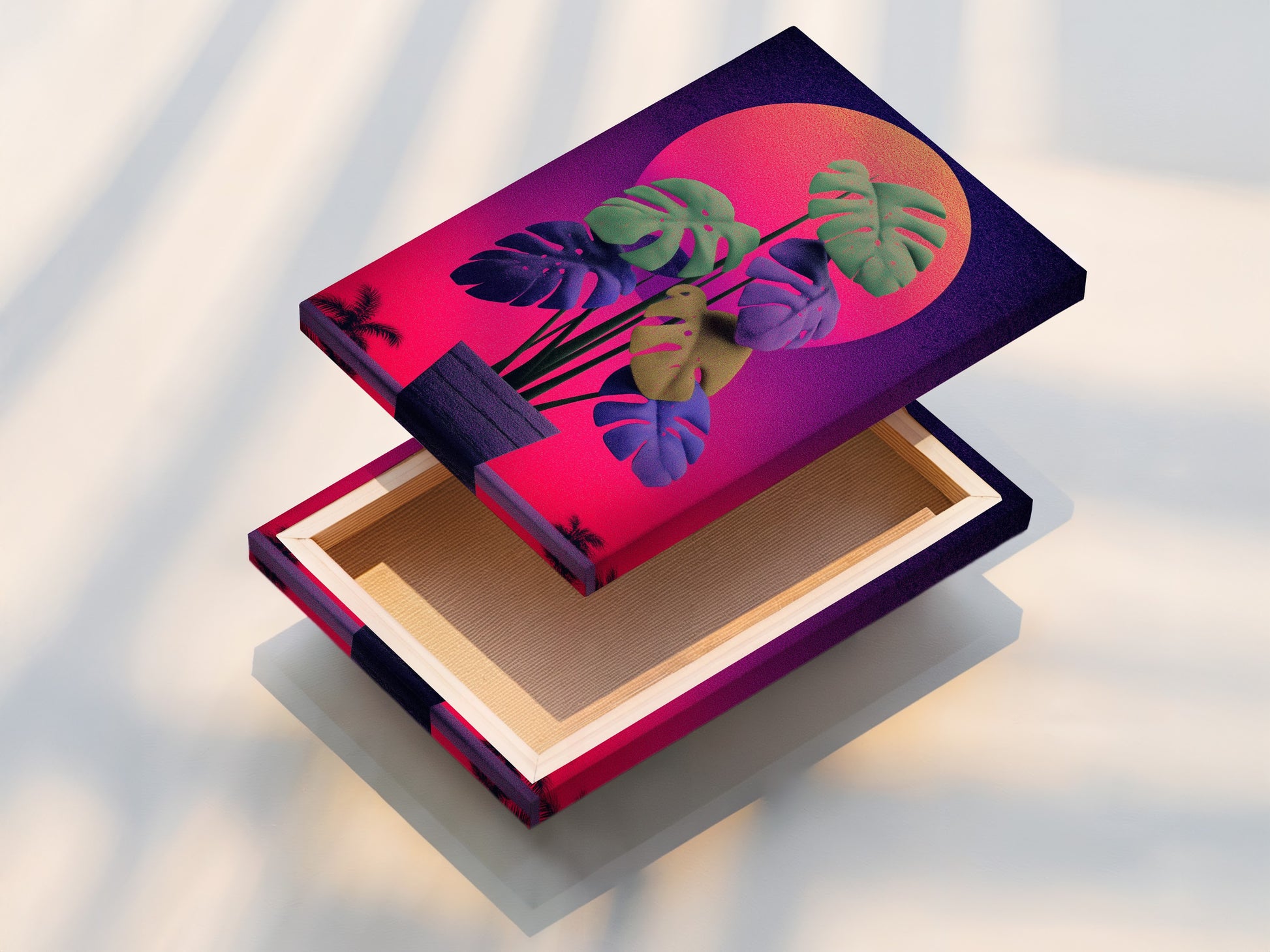 A stretched canvas print of the monstera retro sunset artwork. The stretched canvas provides a gallery-quality look. The vibrant colors and retro style make it a focal point. Perfect for any room.