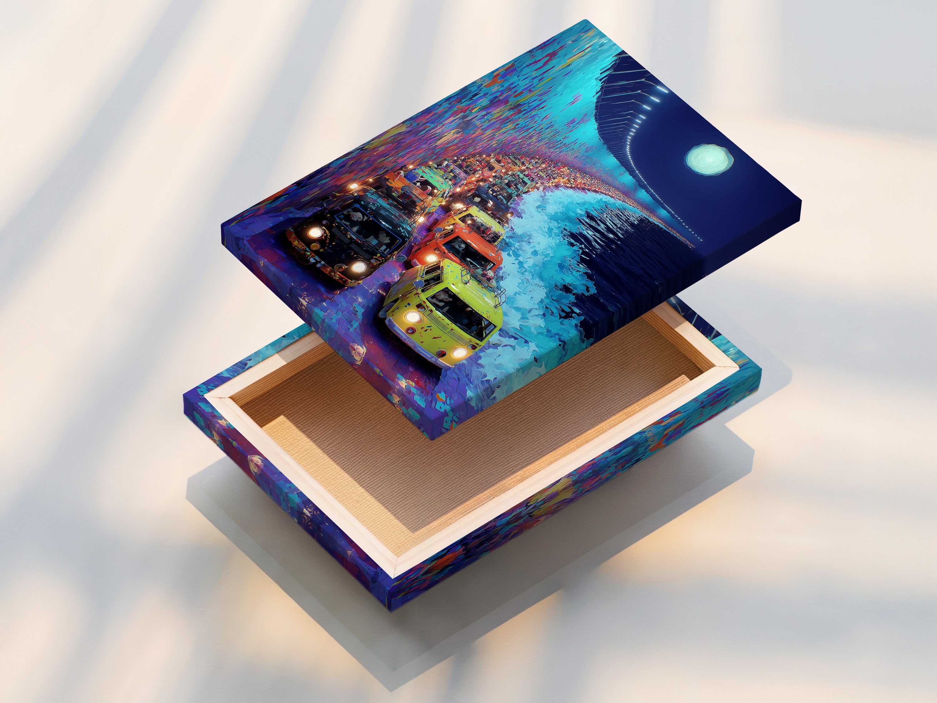 A beautifully stretched canvas print of retro van coastal highway artwork. This vintage vehicle poster is ready to hang. The turquoise art adds a vibrant touch. Perfect for living rooms bedrooms or offices. A great choice for any bohemian or eclectic space.