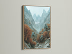Mountain valley artwork displayed in an oak frame. The misty canyon nature photography brings a touch of the outdoors inside. The autumn landscape is perfect for rustic or lodge-style decor. The warm tones enhance any room.