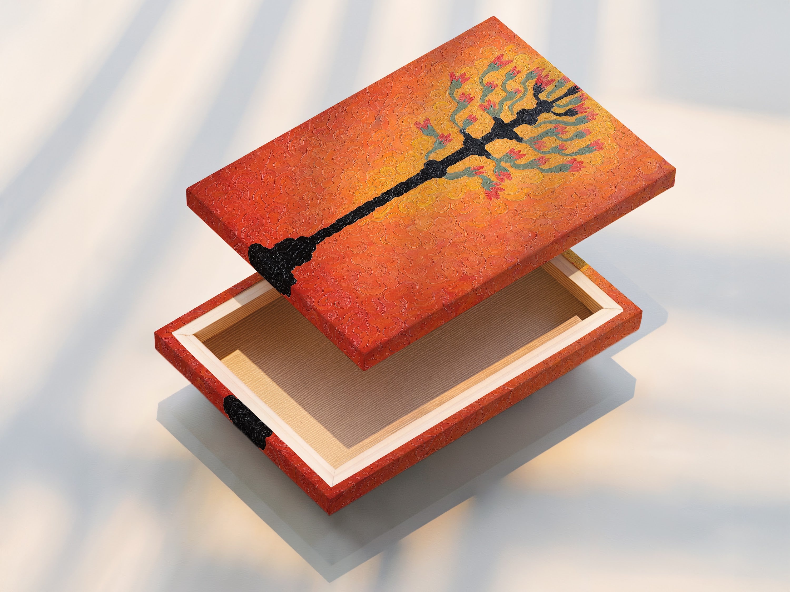 A stretched canvas print showcases botanical tree artwork. The textured coral wall art background brings a modern touch to any space. Ideal for homeowners and stylists. Elevate your home decor with this unique piece.