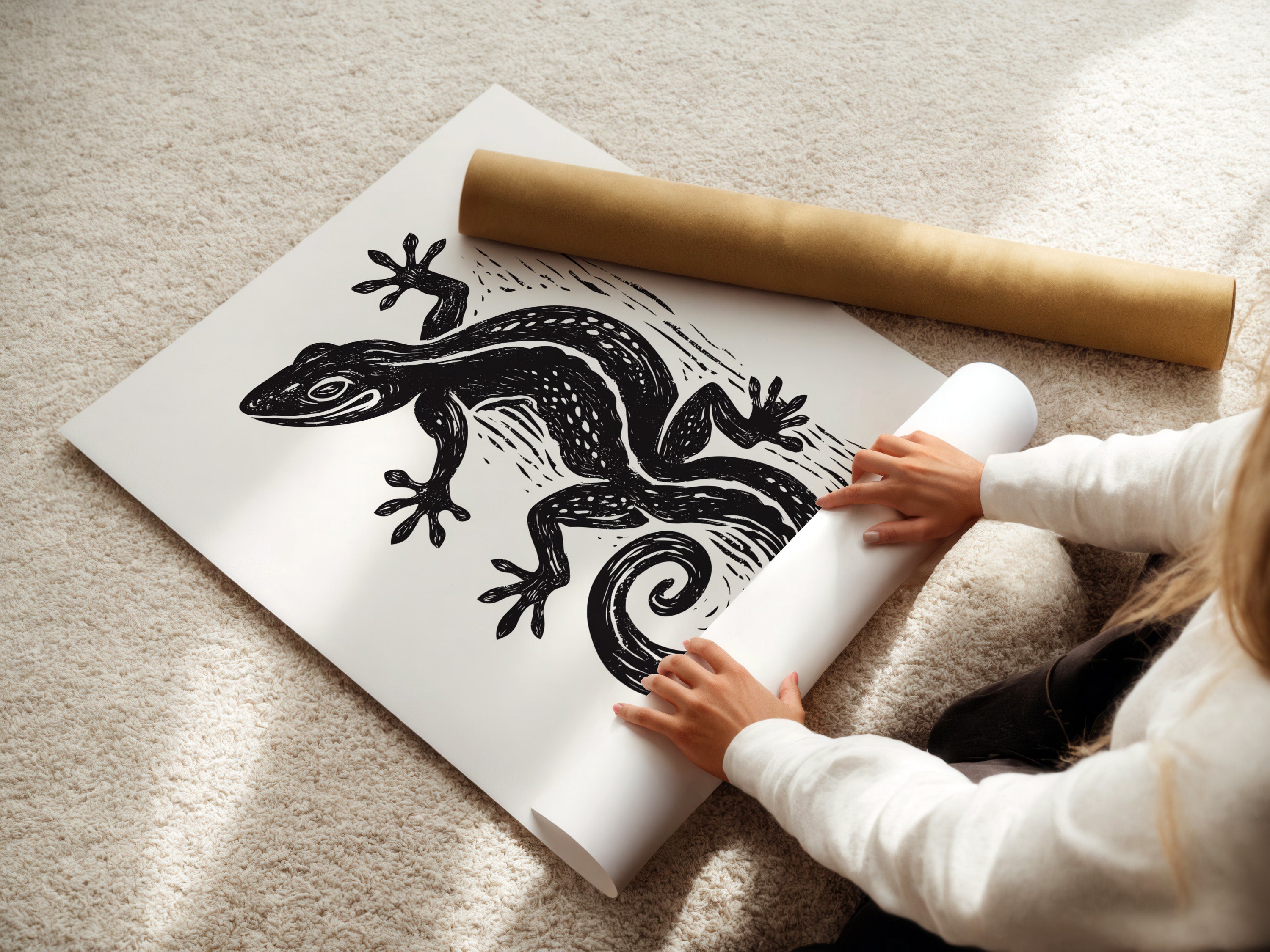 A woman rolls fine art poster paper. She prepares it for framing or display. The paper is high-quality and archival. This ensures the artwork's longevity. Fine art posters are perfect for custom framing.