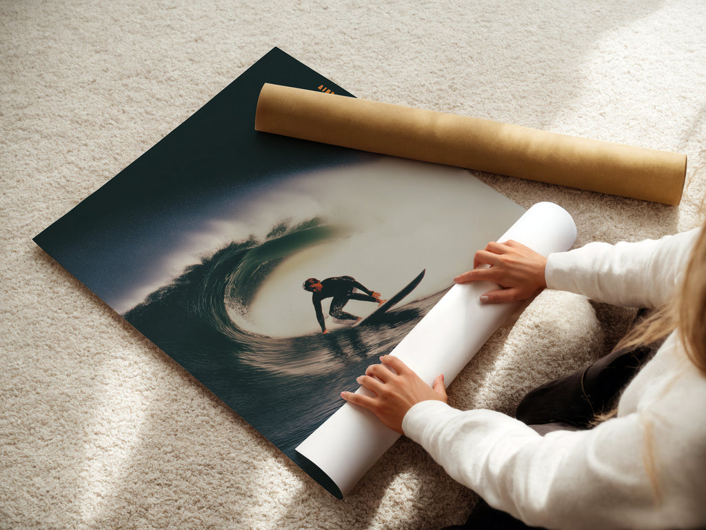 A woman rolls fine art poster paper. She handles the paper carefully. The poster paper has a smooth texture. It is ideal for high-quality prints. Preserve your artwork with fine art paper. It ensures longevity and clarity.