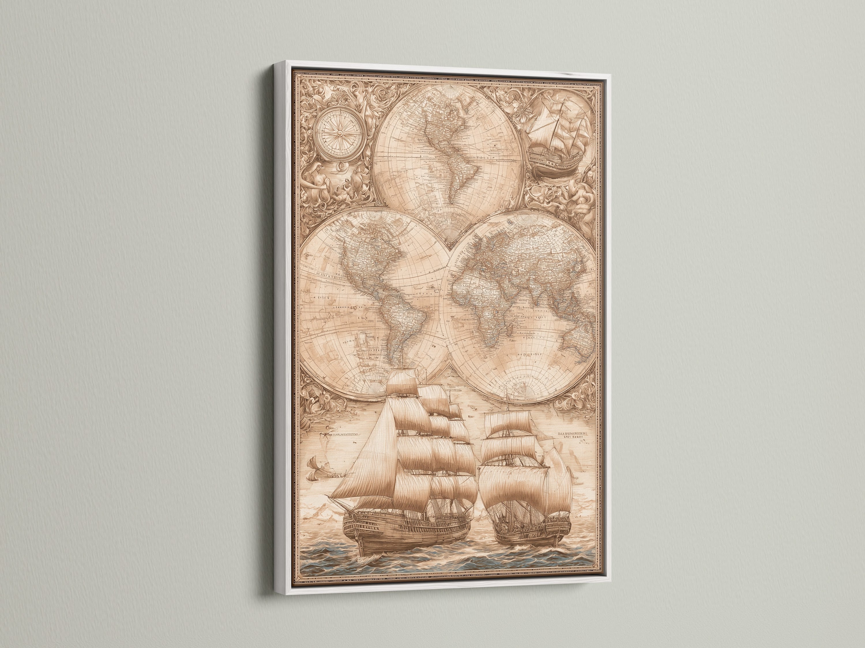 This image showcases a world map artwork with ships in a clean white frame. The white frame offers a modern contrast. It highlights the vintage map's details. This piece brings a sophisticated touch to any space. Discover how a white frame can transform your art.