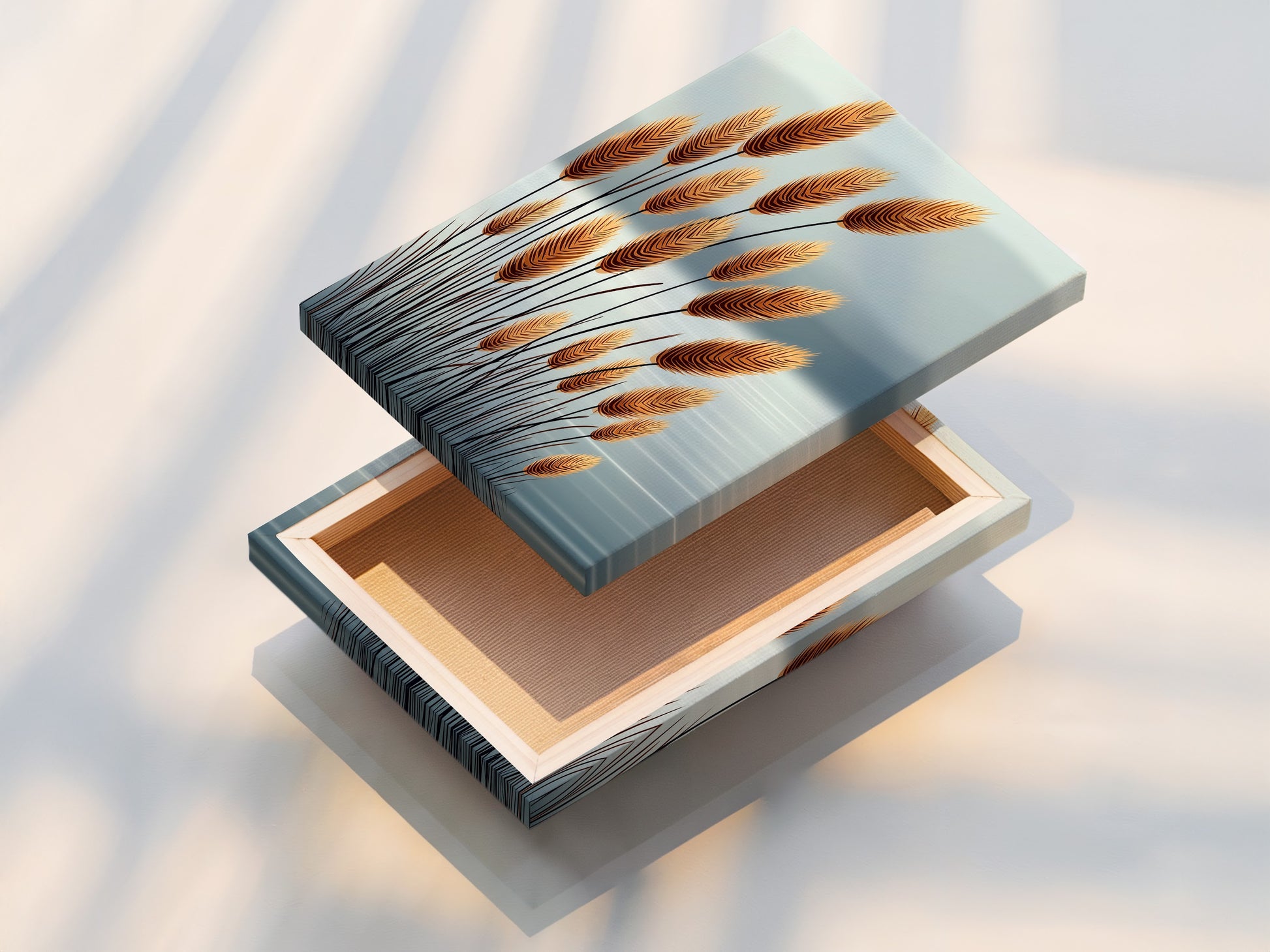 The image shows a stretched canvas print of pampas grass artwork. This highlights the texture and depth of the canvas. This is ideal for creating a gallery-style display. The neutral wall art enhances any living space or bedroom.