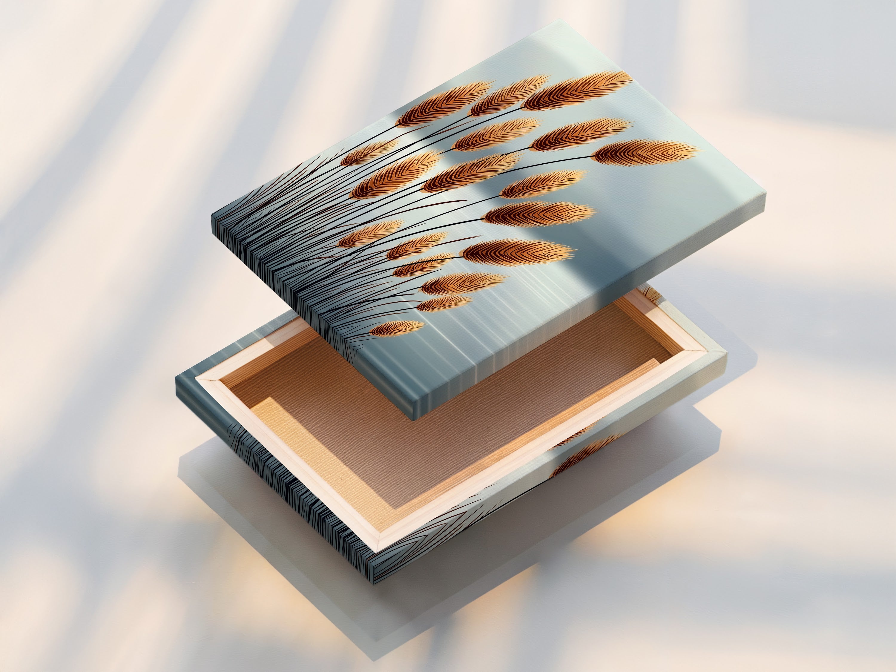 The image shows a stretched canvas print of pampas grass artwork. This highlights the texture and depth of the canvas. This is ideal for creating a gallery-style display. The neutral wall art enhances any living space or bedroom.