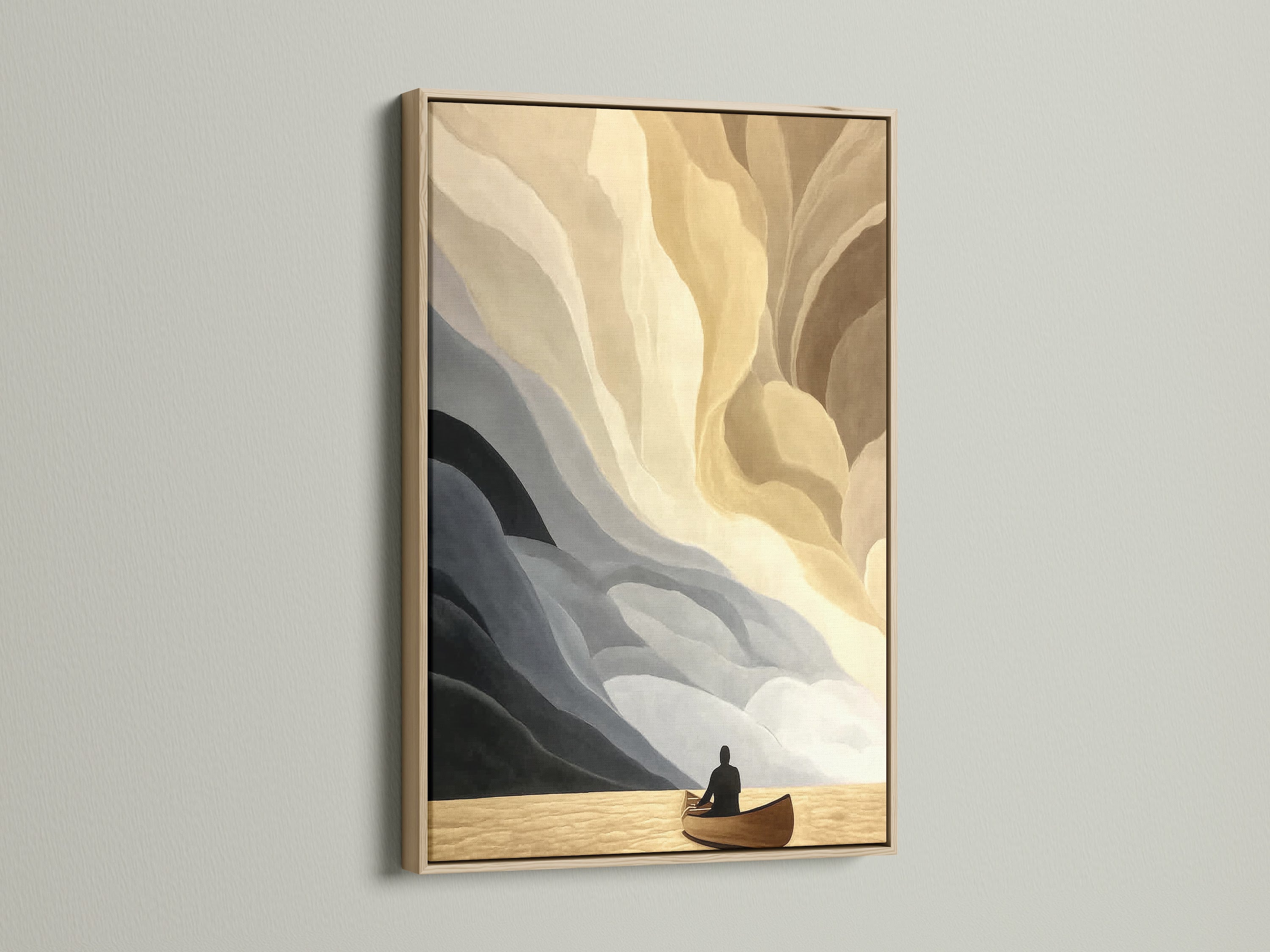 Abstract boat art in an oak frame. This neutral tone wall art is a minimalist seascape artwork. This canvas print is perfect for office decor. The calming artwork suits minimalist Scandinavian coastal and modern styles. Enhance your space with serene print.