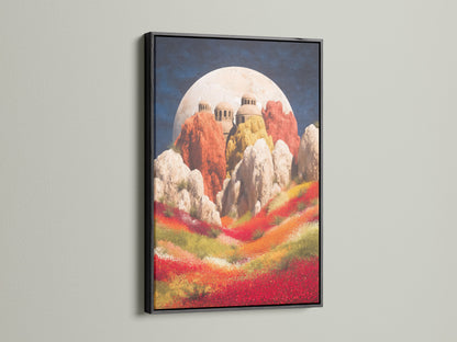 Adorn your walls with fantasy landscape artwork in a black frame. The surreal artwork features a dreamy floral field. This modern wall art is ideal for studios. It is a vibrant print for boutique spaces.