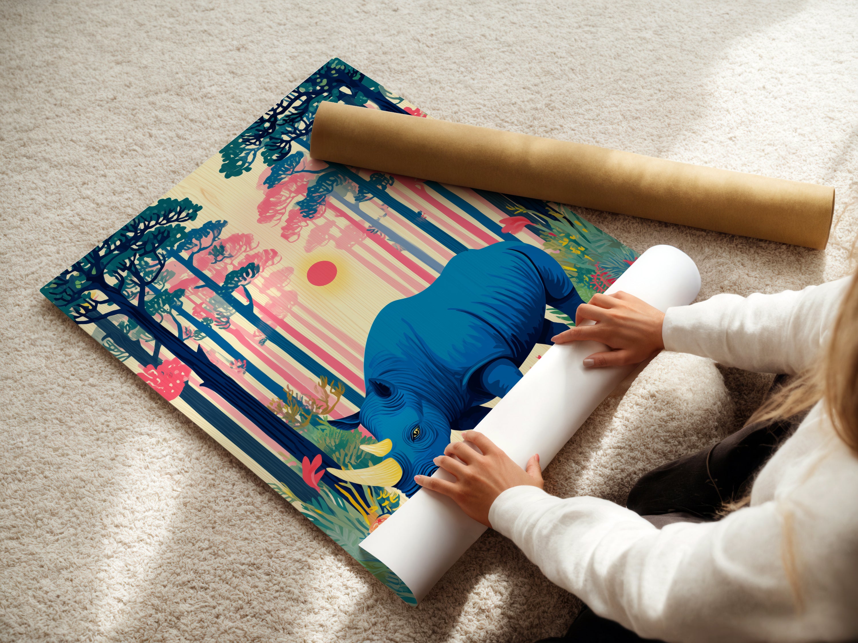 A woman carefully rolling a fine art poster paper print. This blue rhino artwork is ready for framing. Get your tropical forest wall art in poster form. High-quality printing ensures vibrant colors. Perfect for creating a gallery wall. Bring wildlife artwork home.