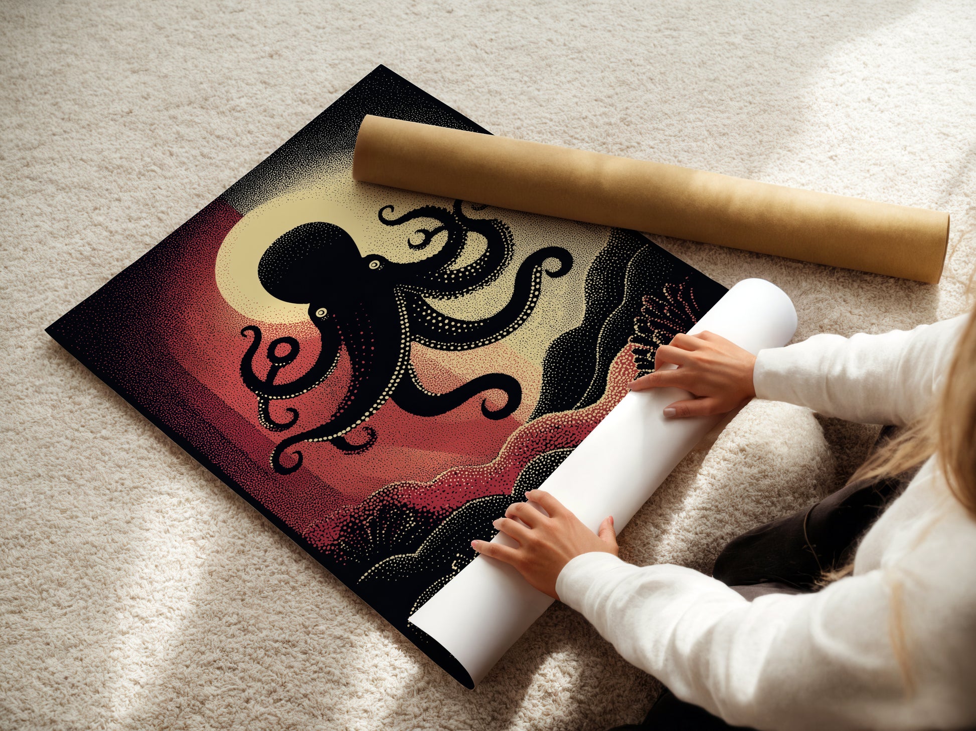 A woman is carefully rolling a fine art poster paper. The fine art poster paper is perfect for nautical wall art. Prepare your vintage sea creature artwork for framing. This high-quality paper ensures a beautiful print. Get ready to display your ocean canvas art.