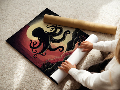 A woman is carefully rolling a fine art poster paper. The fine art poster paper is perfect for nautical wall art. Prepare your vintage sea creature artwork for framing. This high-quality paper ensures a beautiful print. Get ready to display your ocean canvas art.