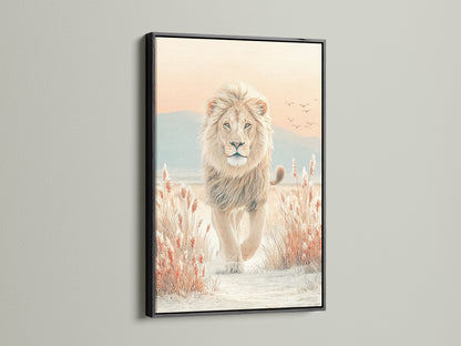 Lion print in a black frame. The black frame contrasts beautifully with the neutral tones of the artwork. This safari art brings a touch of the wild into your living space. Perfect for office wall art or bedroom decor. The savanna print is a great addition to any modern style.