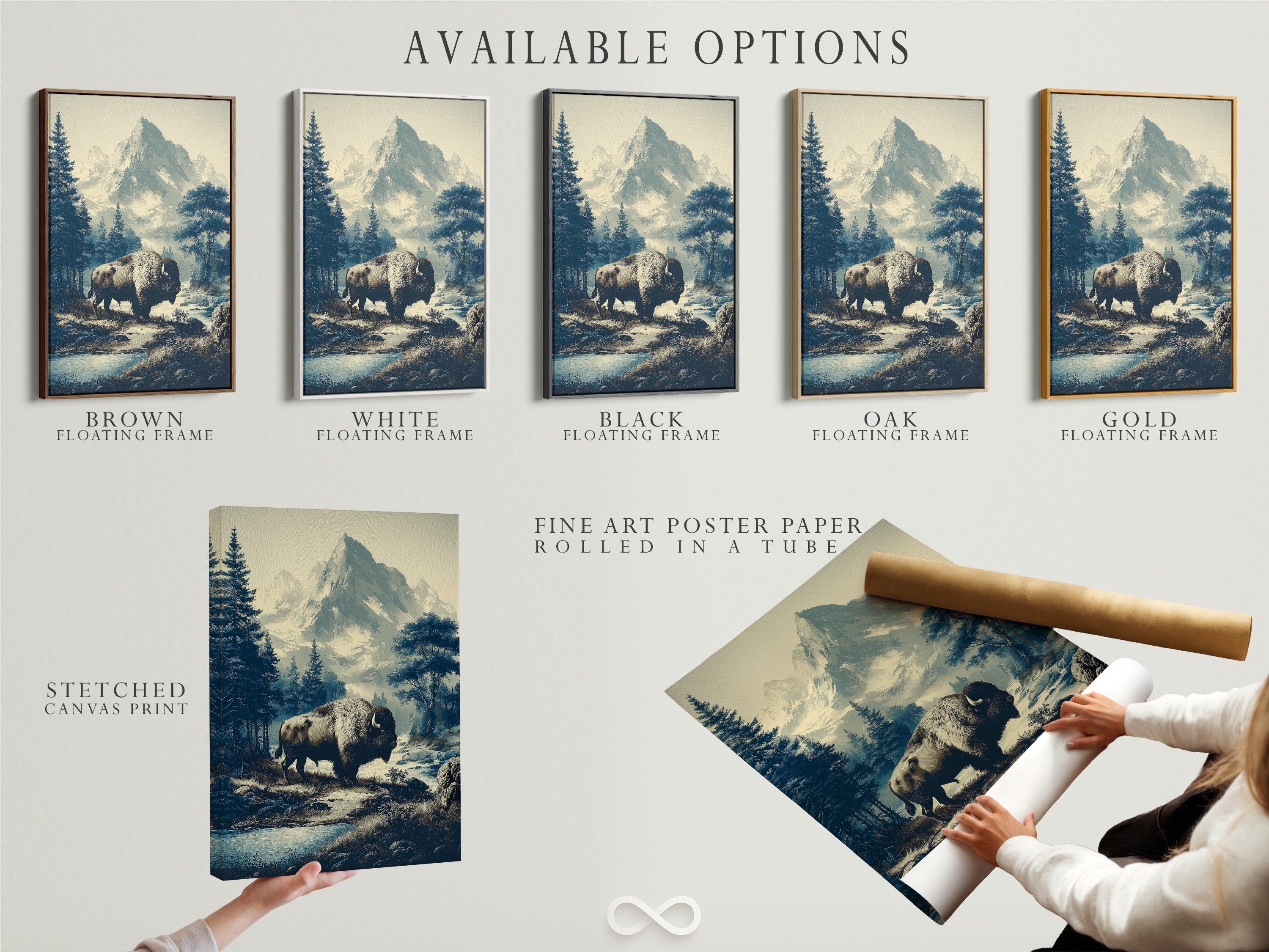 Available options of Buffalo Mountain Art. Choose from a stretched canvas print. You can also choose a fine art poster paper. A floating frame option is available. This western wildlife art offers versatile display choices. Find the perfect style for your cabin decor.