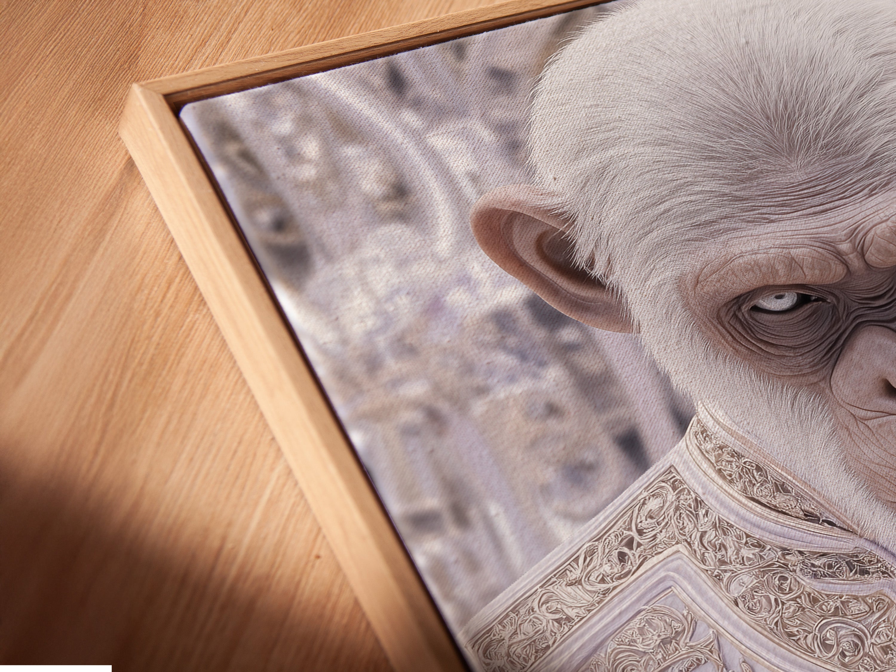 A close-up angled view reveals a canvas print of the Monkey Pope in a floating frame. This contemporary artwork showcases the beauty of fine art. The floating frame enhances the depth of the image. The piece creates a modern and sophisticated look. The print is ideal for adding a touch of elegance to any room.