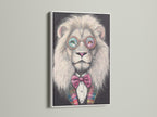 This image displays a hipster lion art print. The quirky animal artwork has glasses and a bow tie. This artwork is displayed in a white frame. It is a great choice for contemporary spaces.