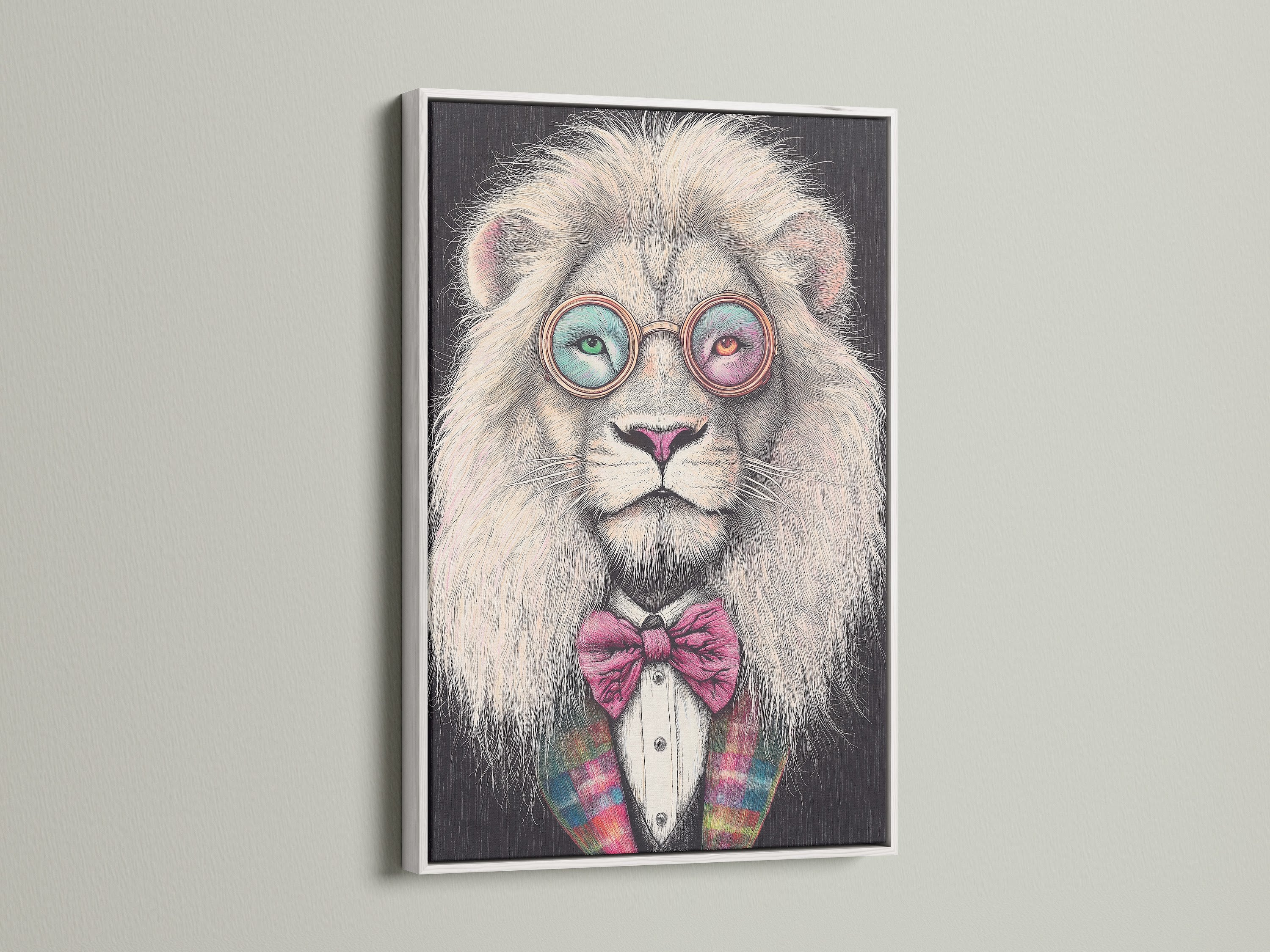 This image displays a hipster lion art print. The quirky animal artwork has glasses and a bow tie. This artwork is displayed in a white frame. It is a great choice for contemporary spaces.