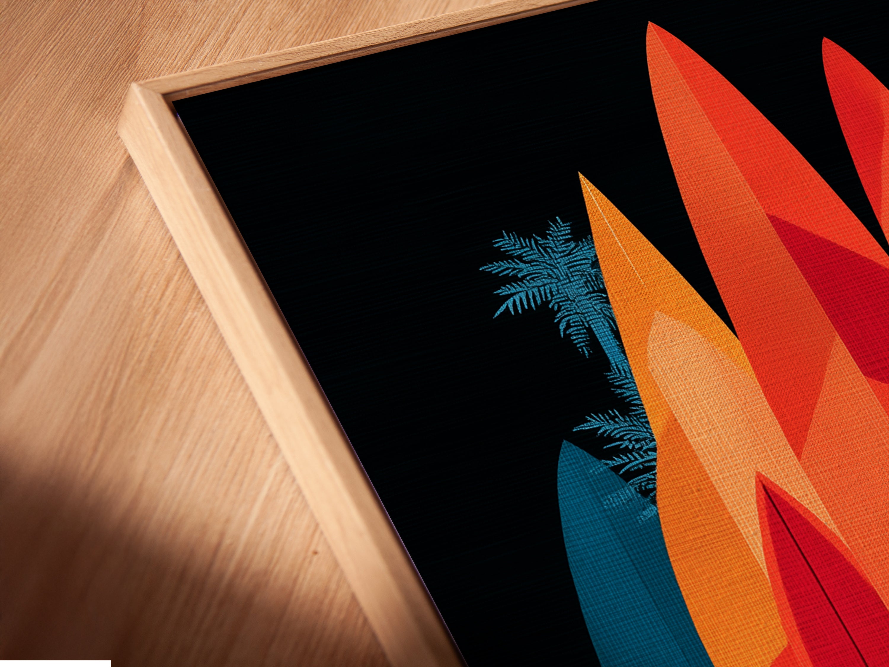 A close-up angled view of a canvas print in a floating frame. The A-Frame house artwork is beautifully displayed. The floating frame adds a touch of modern elegance. The surfboard artwork enhances the coastal theme.