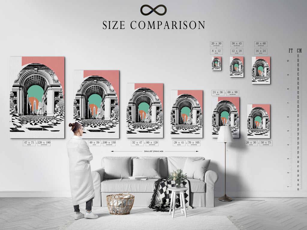 Size comparison chart featuring the New York Arch artwork in an interior setting. See how this cityscape print fits in various room sizes. Plan your wall art arrangement perfectly. Choose the ideal size for your space today