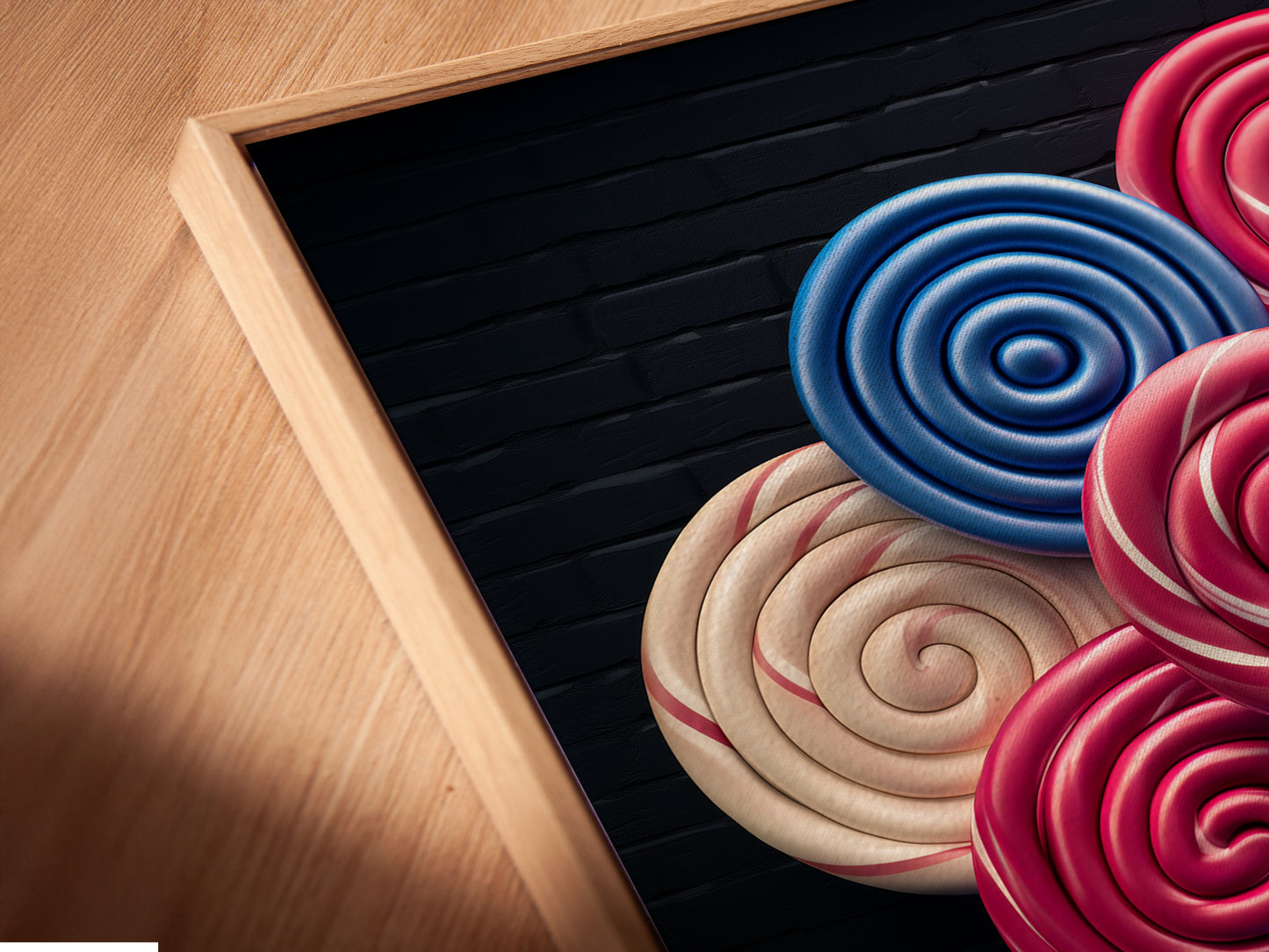 Close-up of a Lollipop Candy Canvas Print in a Floating Frame. The pink and blue art pops. It creates a modern and playful look. The floating frame enhances the artwork. This colorful art is perfect for a playroom.