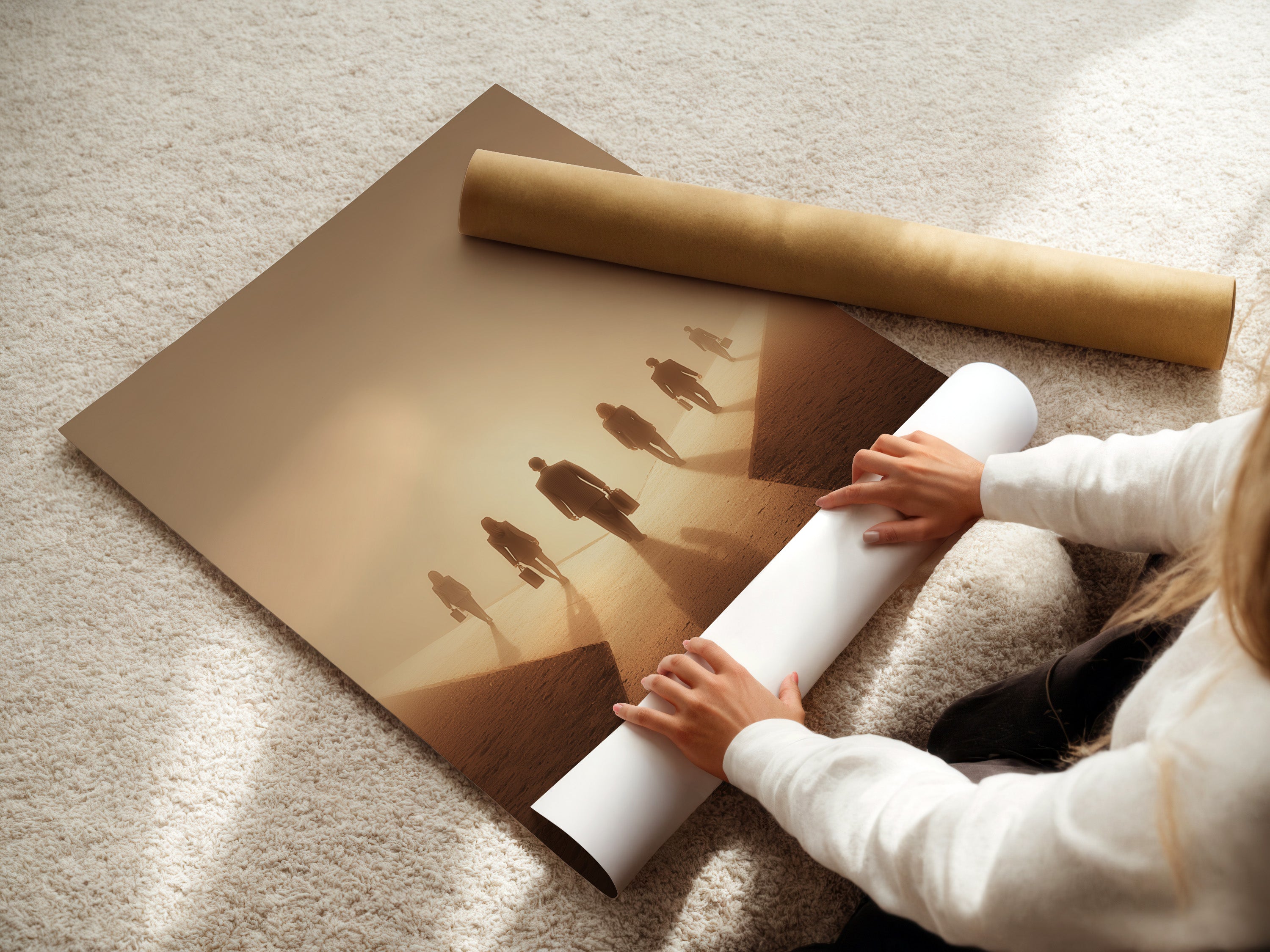 A woman is rolling a fine art poster paper. The paper is high-quality and durable. It is perfect for printing your favorite artwork. Fine art poster paper is a great way to display your artwork in a professional way. It is also a great way to protect your artwork from damage.