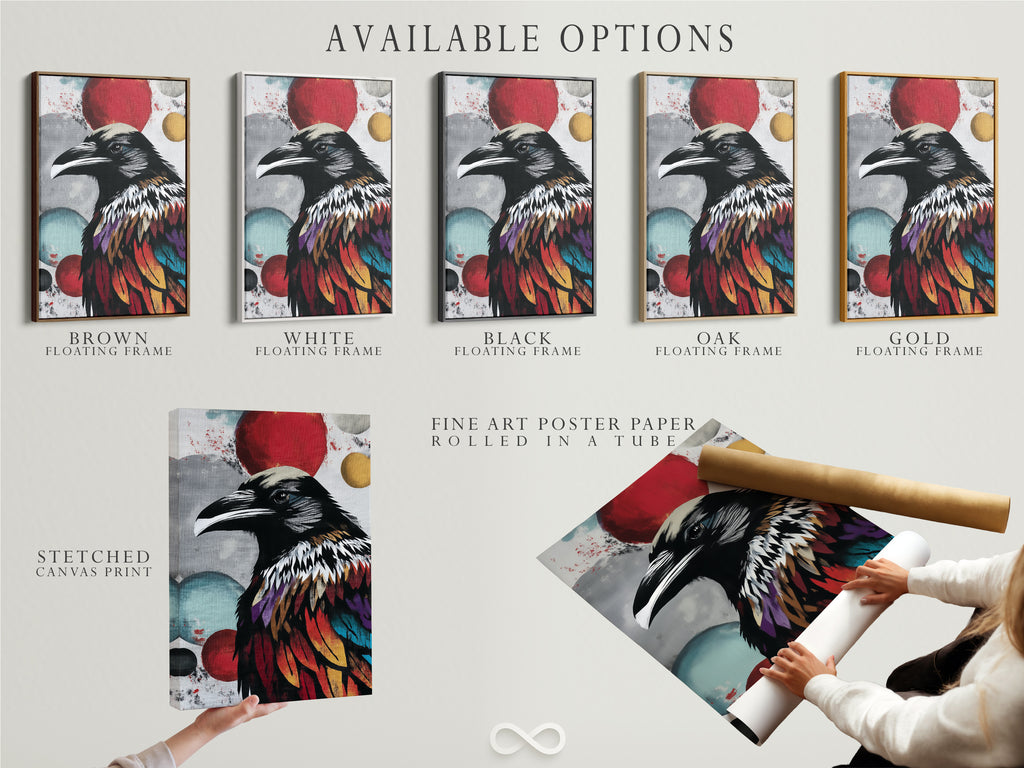 Explore the available options for this modern raven art. Choose from stretched canvas prints fine art poster paper or a floating frame. Customize your gothic bird wall art to fit your style. Perfect for any space.