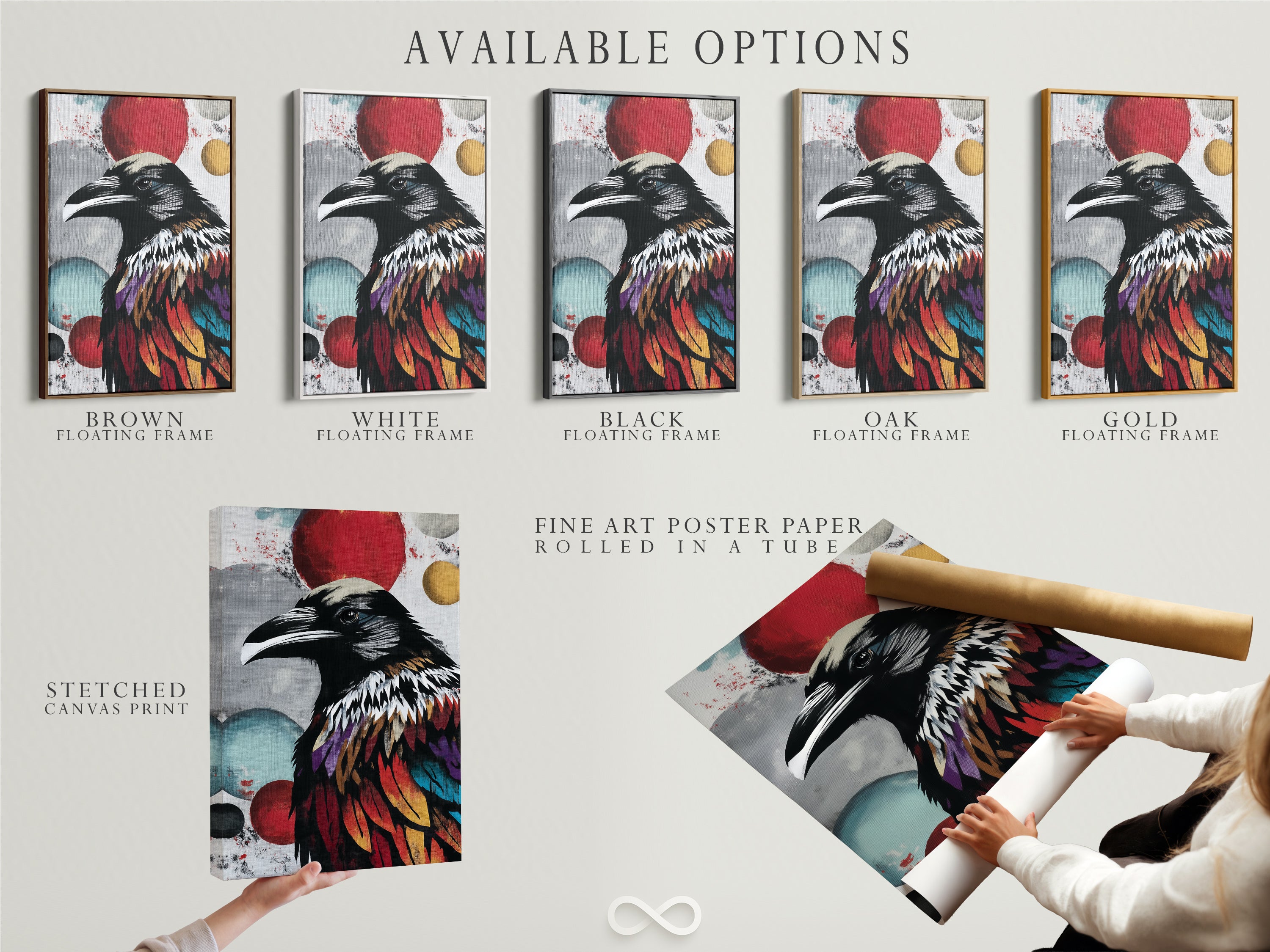 Explore the available options for this modern raven art. Choose from stretched canvas prints fine art poster paper or a floating frame. Customize your gothic bird wall art to fit your style. Perfect for any space.