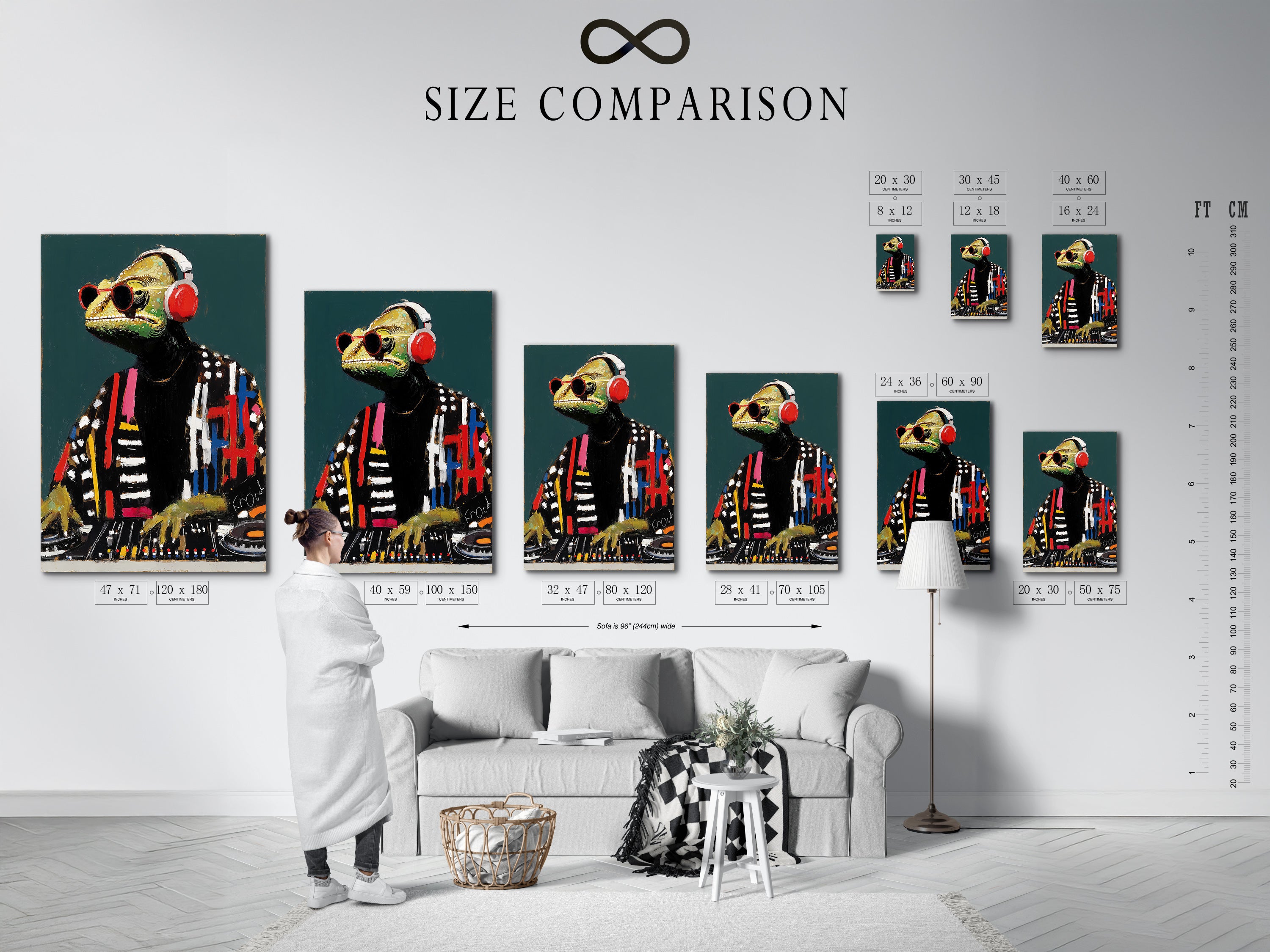 Size comparison chart featuring the DJ Iguana artwork in an interior setting. See how this cool animal art fits in various spaces. This helps visualize the ideal size for your music room art or office decor. Find your perfect fit.