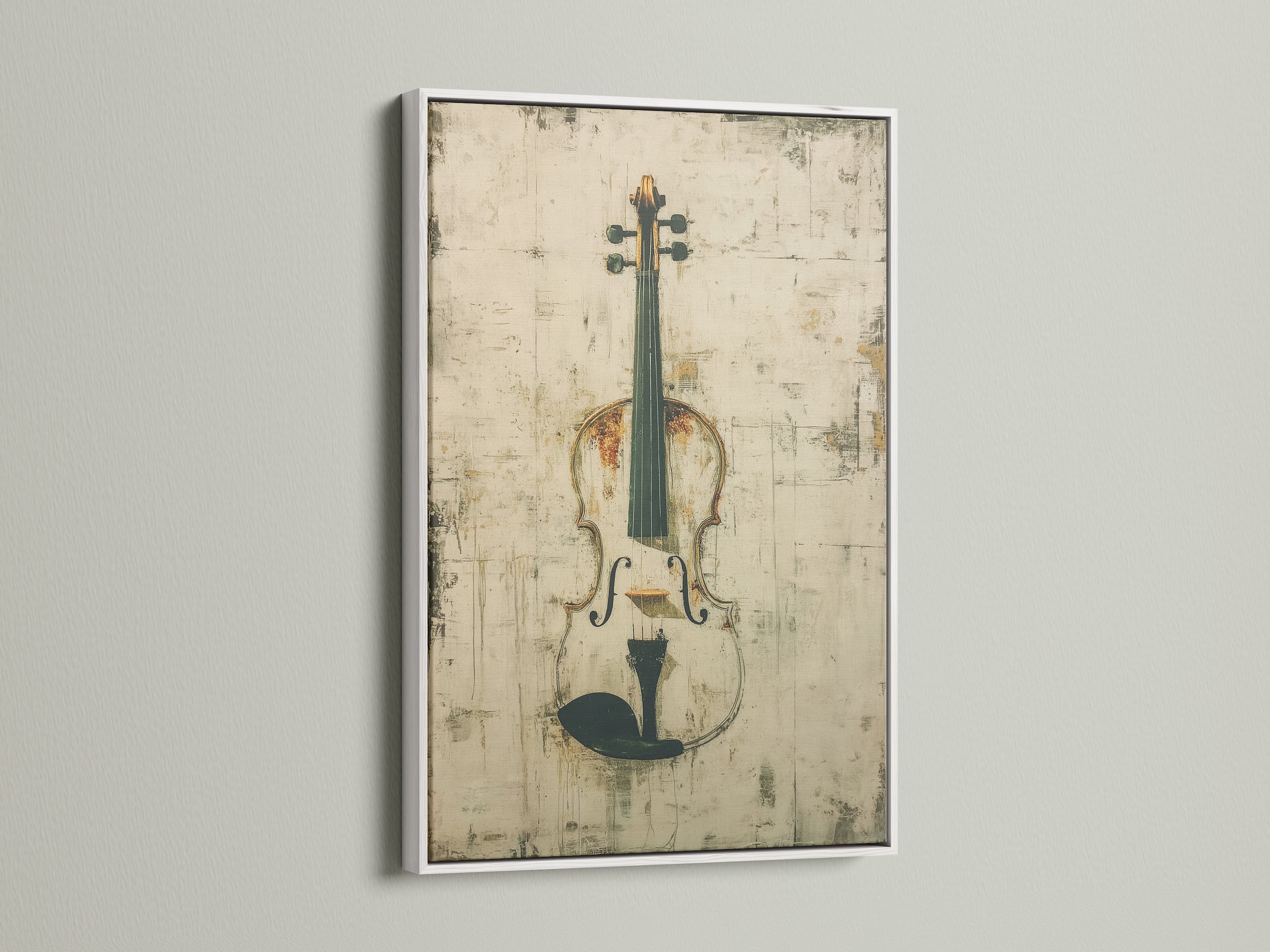 White frame featuring a vintage violin art print. Beige wall art complements various decor styles. This musical instrument canvas is ideal for musicians and music enthusiasts. A refined addition to rustic academia or eclectic spaces.