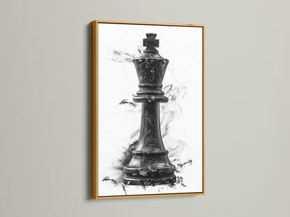 Artwork of a chess king piece in a gold frame. The gold frame exudes luxury and elegance. It enhances the artwork's visual appeal. Add a touch of glamour to your space with a gold framed art piece. Explore our collection of premium frames.