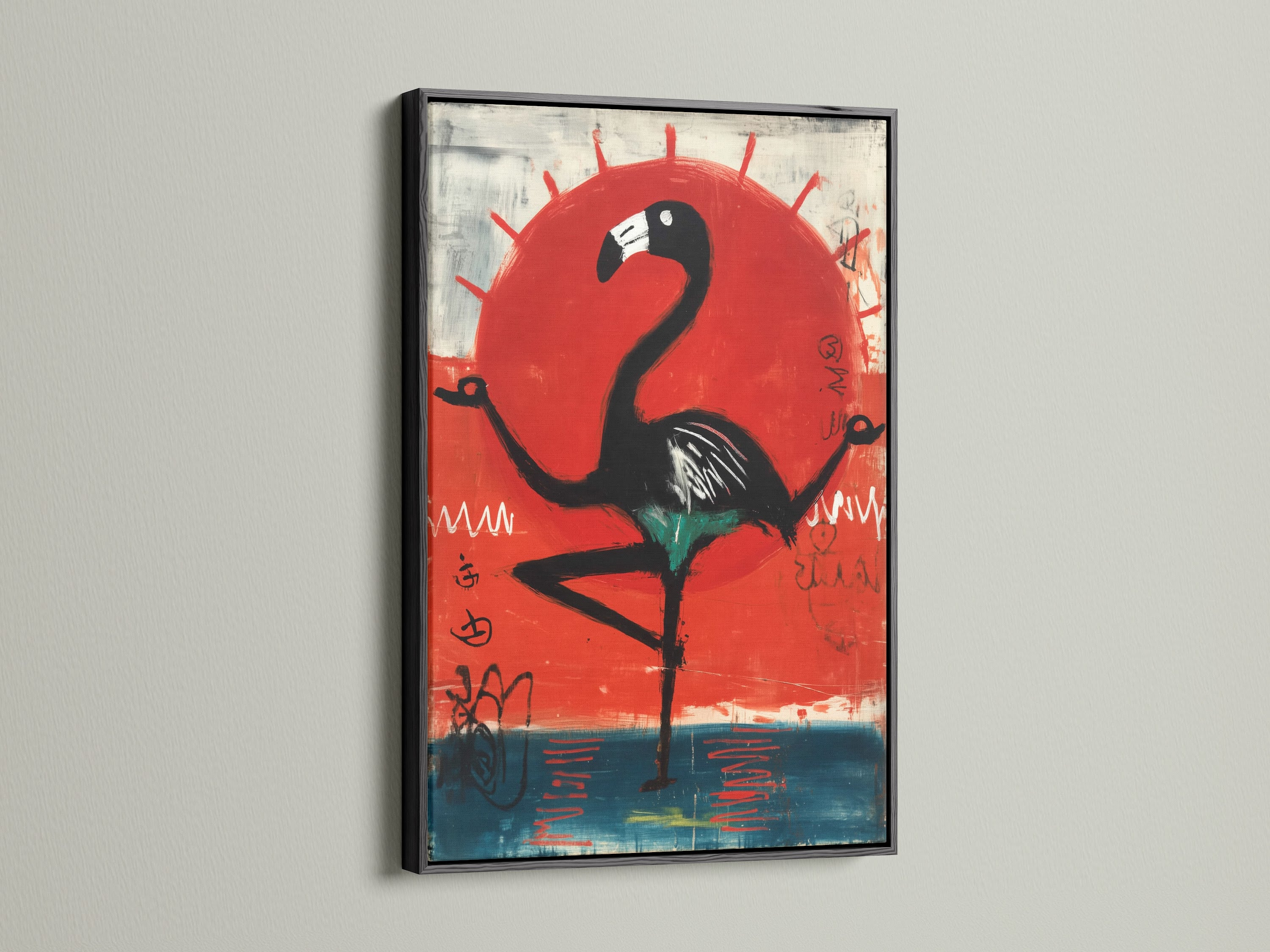 A black frame gives a bold statement to modern flamingo artwork. The contrast makes the bird art stand out. This frame complements the red sun canvas art. Add a sophisticated touch to your wall decor. The black frame works well in eclectic or modern spaces. It enhances the tropical wall art.
