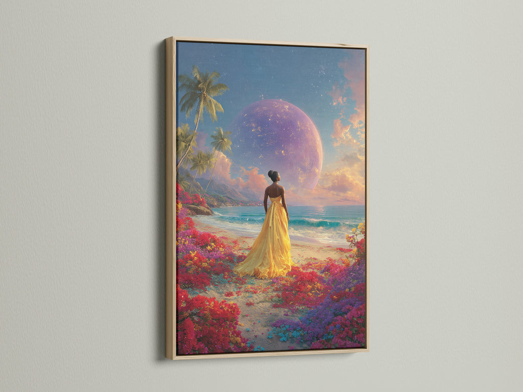 A framed artwork shows a woman in a yellow dress on a beach with a planet in the sky. The frame is made of oak. It complements the artwork's colors and brings nature into your home. Discover framed art today.