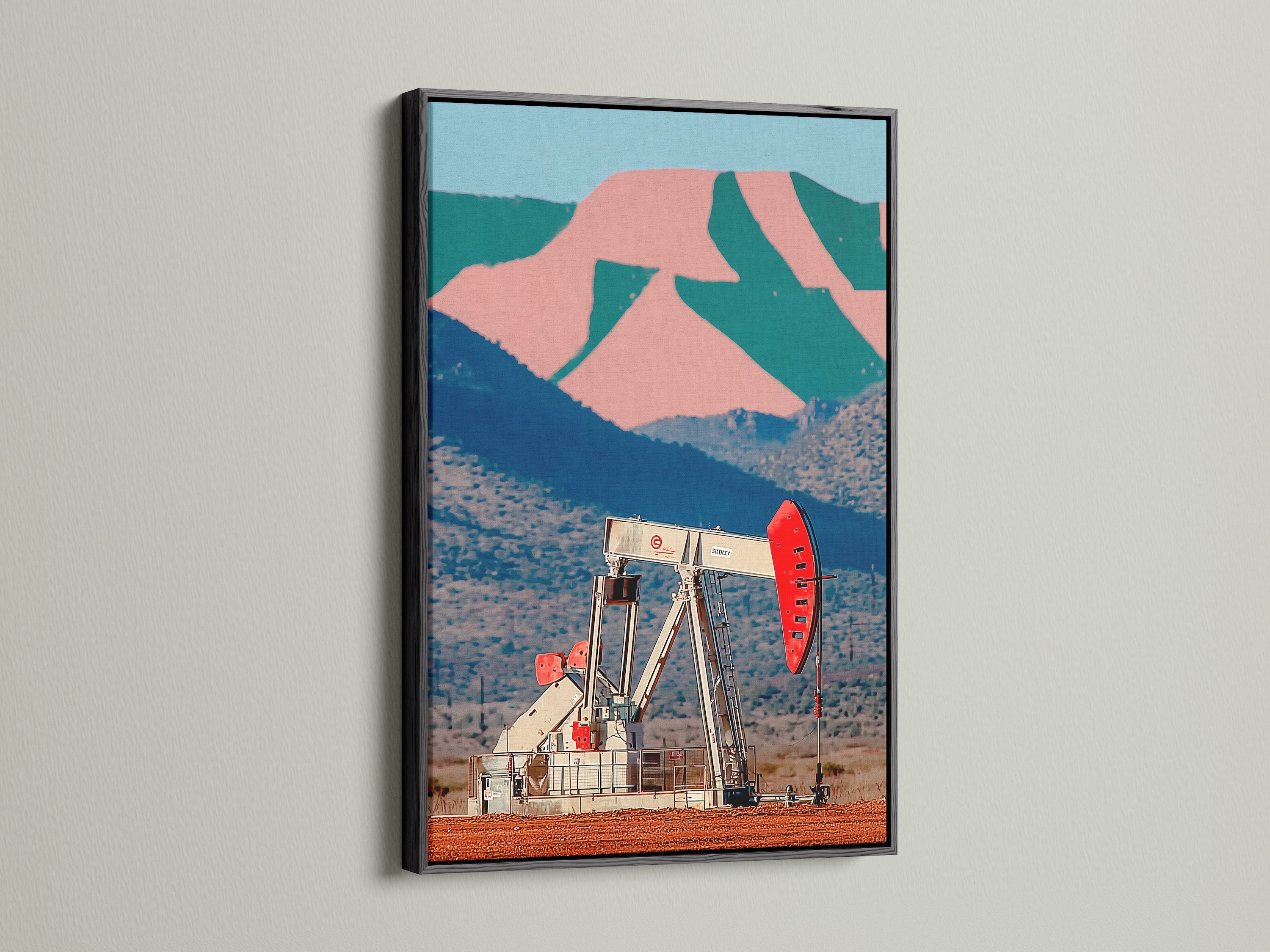 A black frame showcases desert oil pump wall artwork. This industrial art piece adds a retro touch. The pop art canvas is ideal for office decor. The artwork captures a desert landscape and vintage Americana flair.